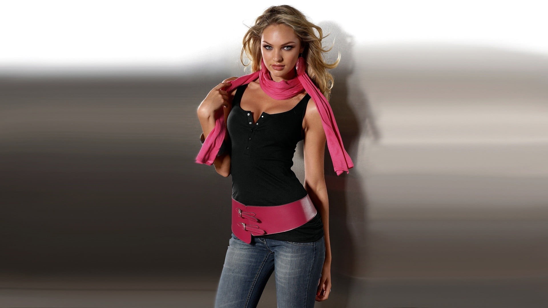 Candice Swanepoel, females, women, girls, pink color, tank, looking at camera, 1080P, blond hair, beautiful woman, front view, s, portrait, young adult, HD Wallpaper