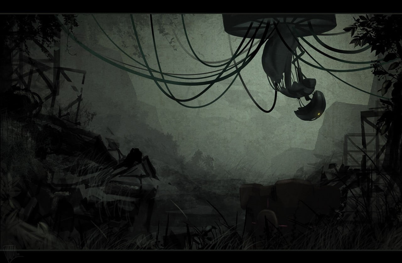 drawing, garage, illustration, grey, plant, fog, Portal (game), auto post production filter, silhouette, transfer print, forest, outdoors, architecture, HD Wallpaper