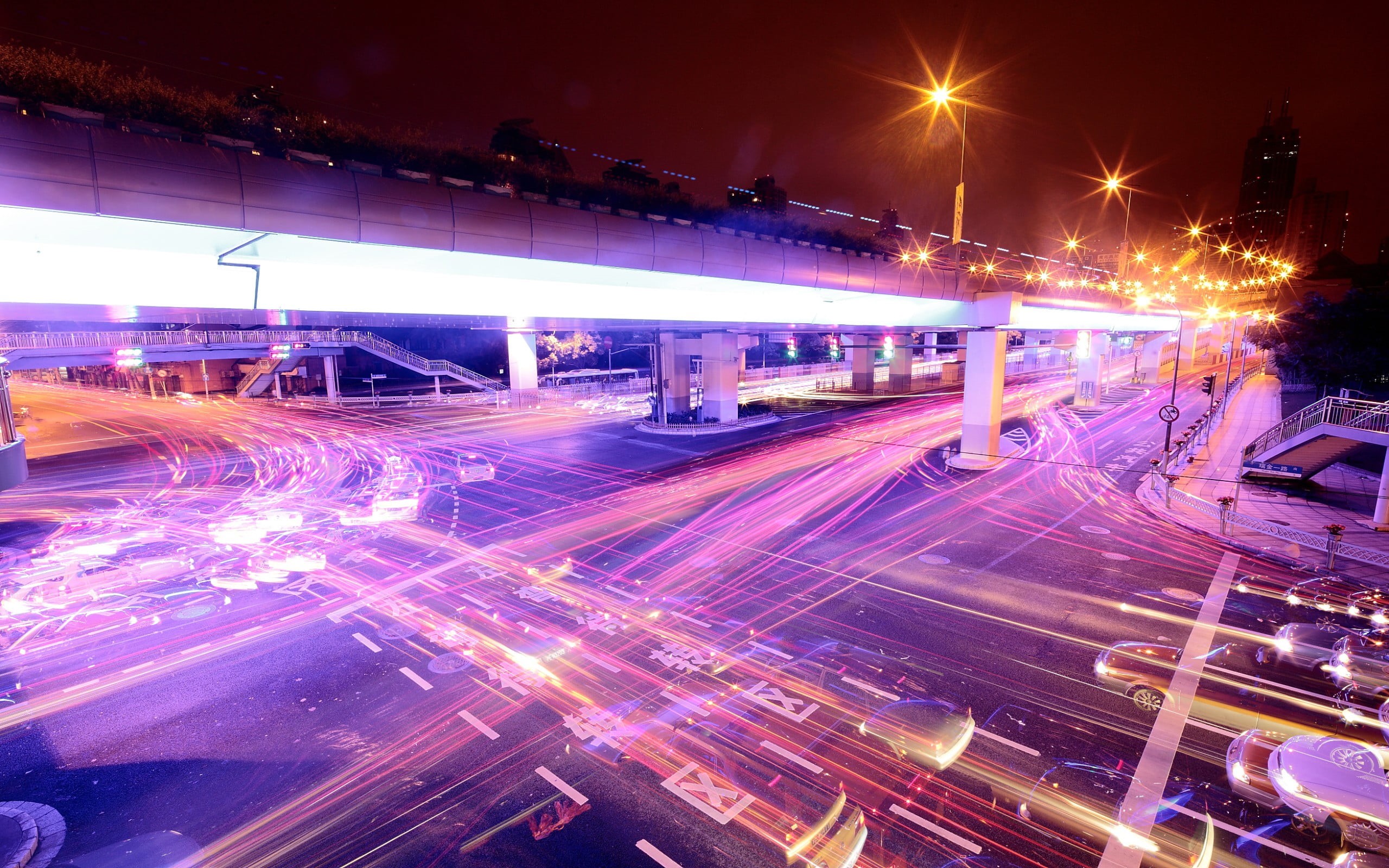 motor vehicle, lights, city, gray, blurred motion, no people, light trail, 2K, city street, cityscape, street light, multiple lane highway, building exterior, HD Wallpaper