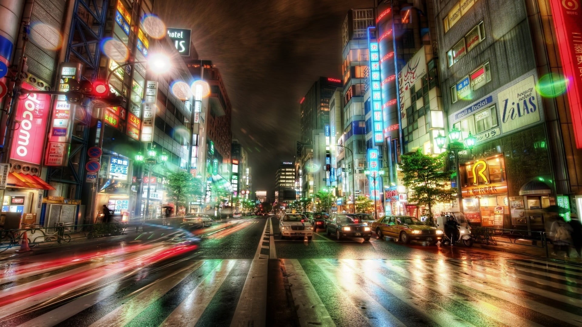 neon, office building exterior, traffic, street, HDR, architecture, city life, building exterior, city street, illuminated, building, cityscape, HD Wallpaper