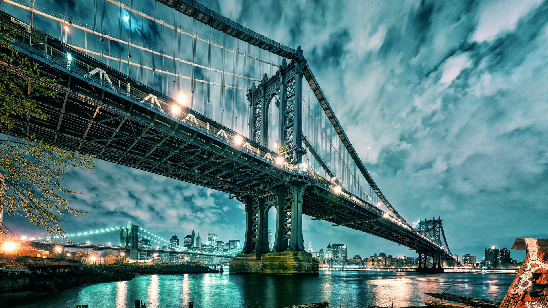 1080P, new, manhattan bridge, new york, city, manhattan, water, night, bridge, lights, york, architecture, cityscape, HD Wallpaper