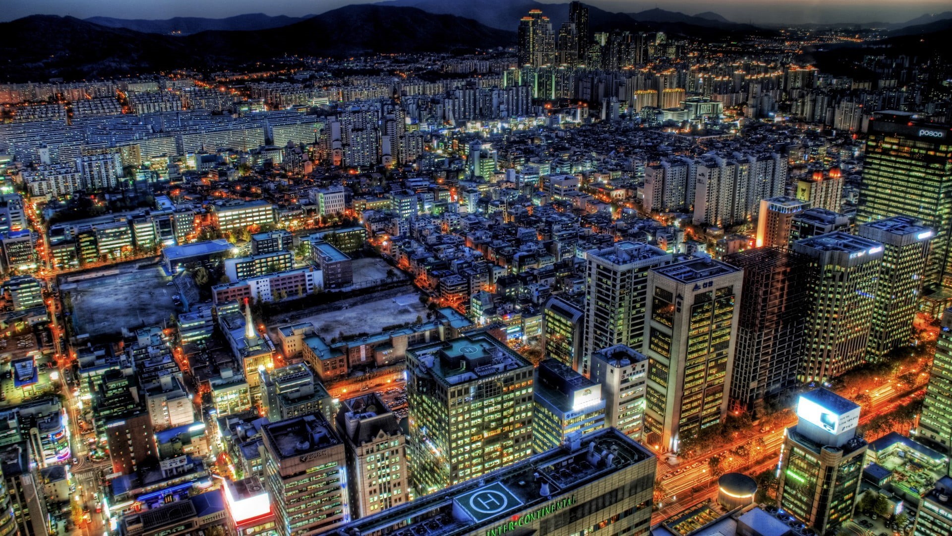 illuminated, city, high angle view, building, built structure, concrete, South Korea, night, crowd, HDR, outdoors, modern, building exterior, buildings, HD Wallpaper