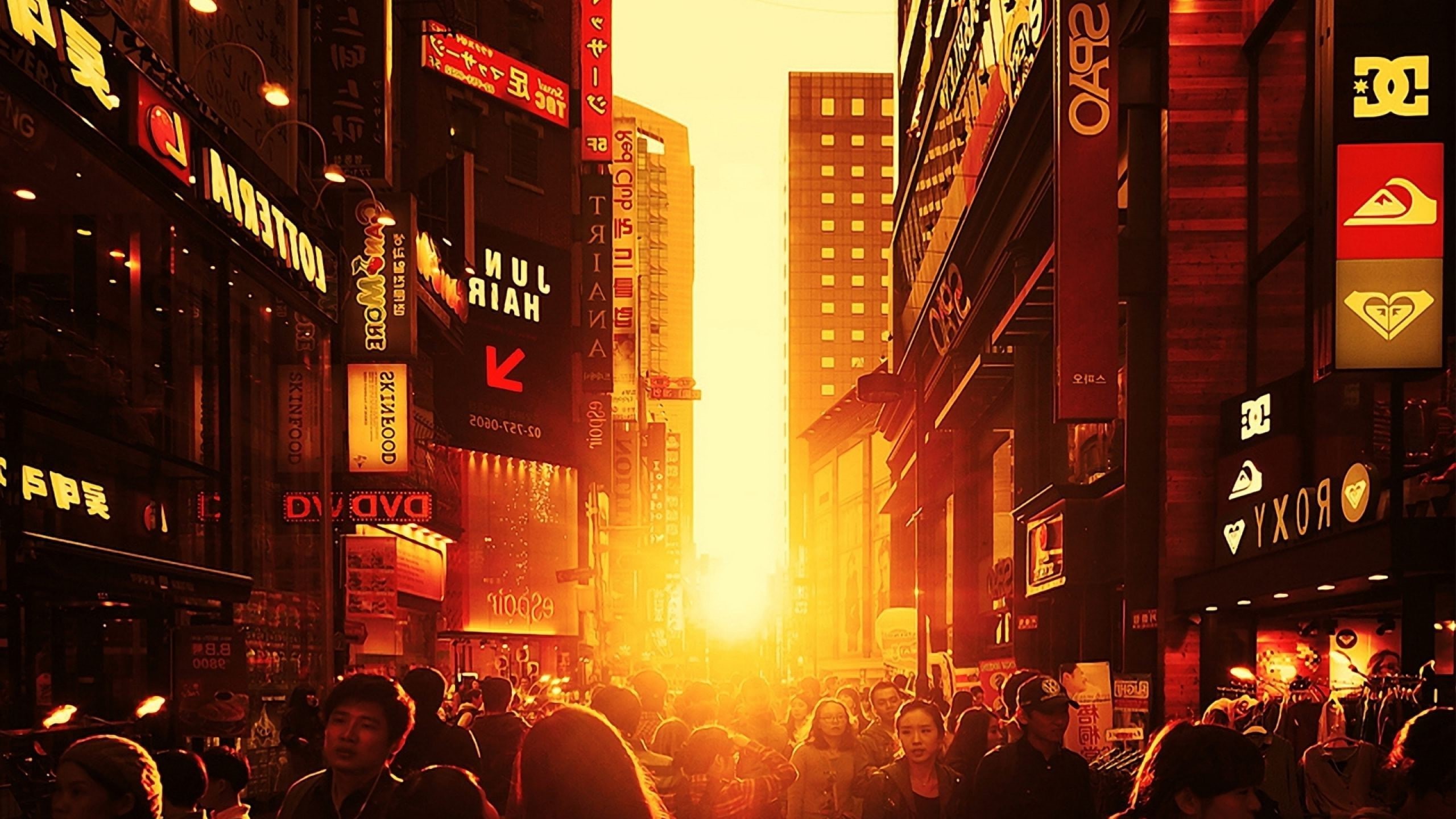street, Pedestrian, South Korea, city, sunlight, Seoul, 2K, Orange, sunset, HD Wallpaper