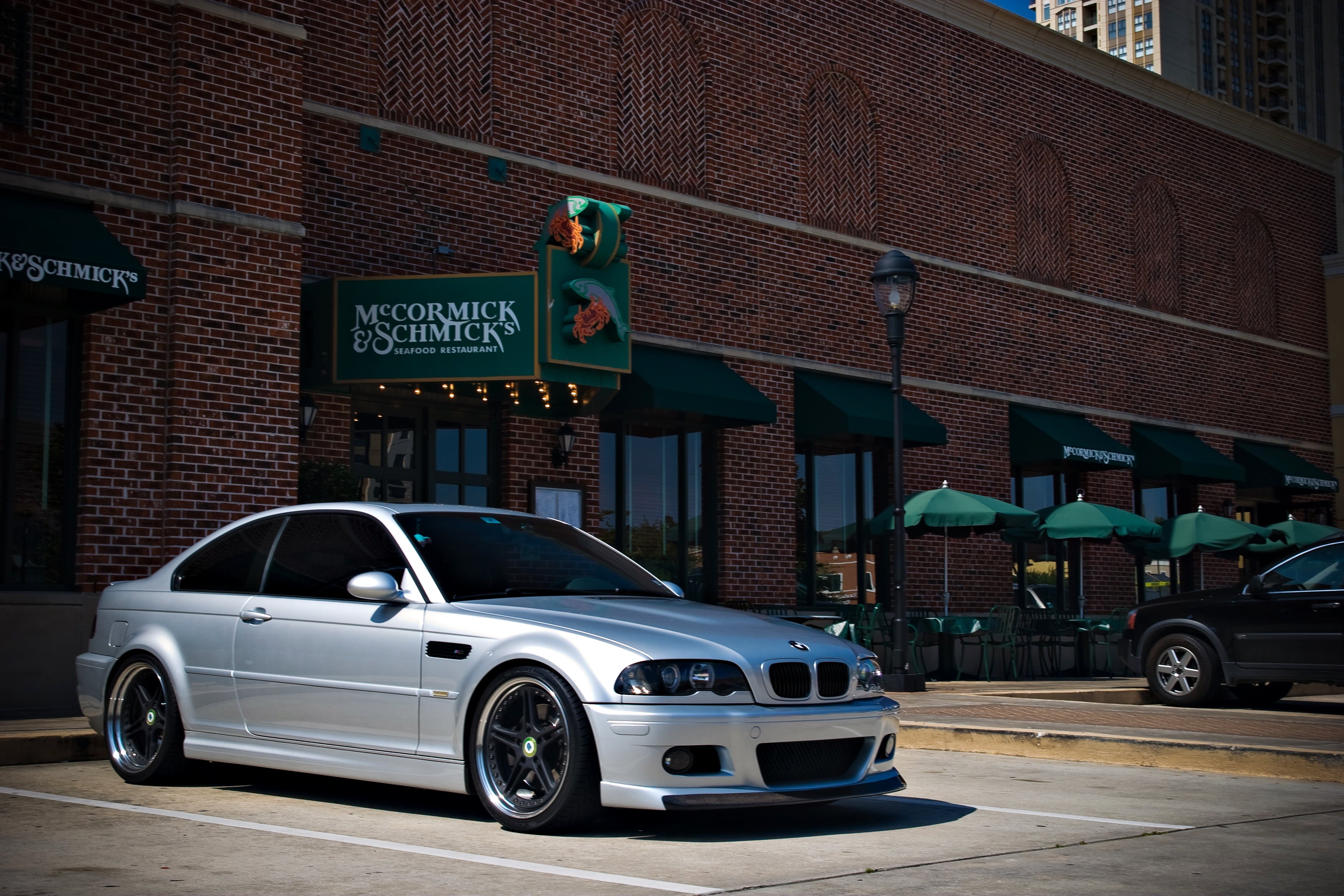architecture, communication, transportation, sedan, tuning, city, building, parking, mode of transportation, business, building Exterior, BMW, outdoors, HD Wallpaper