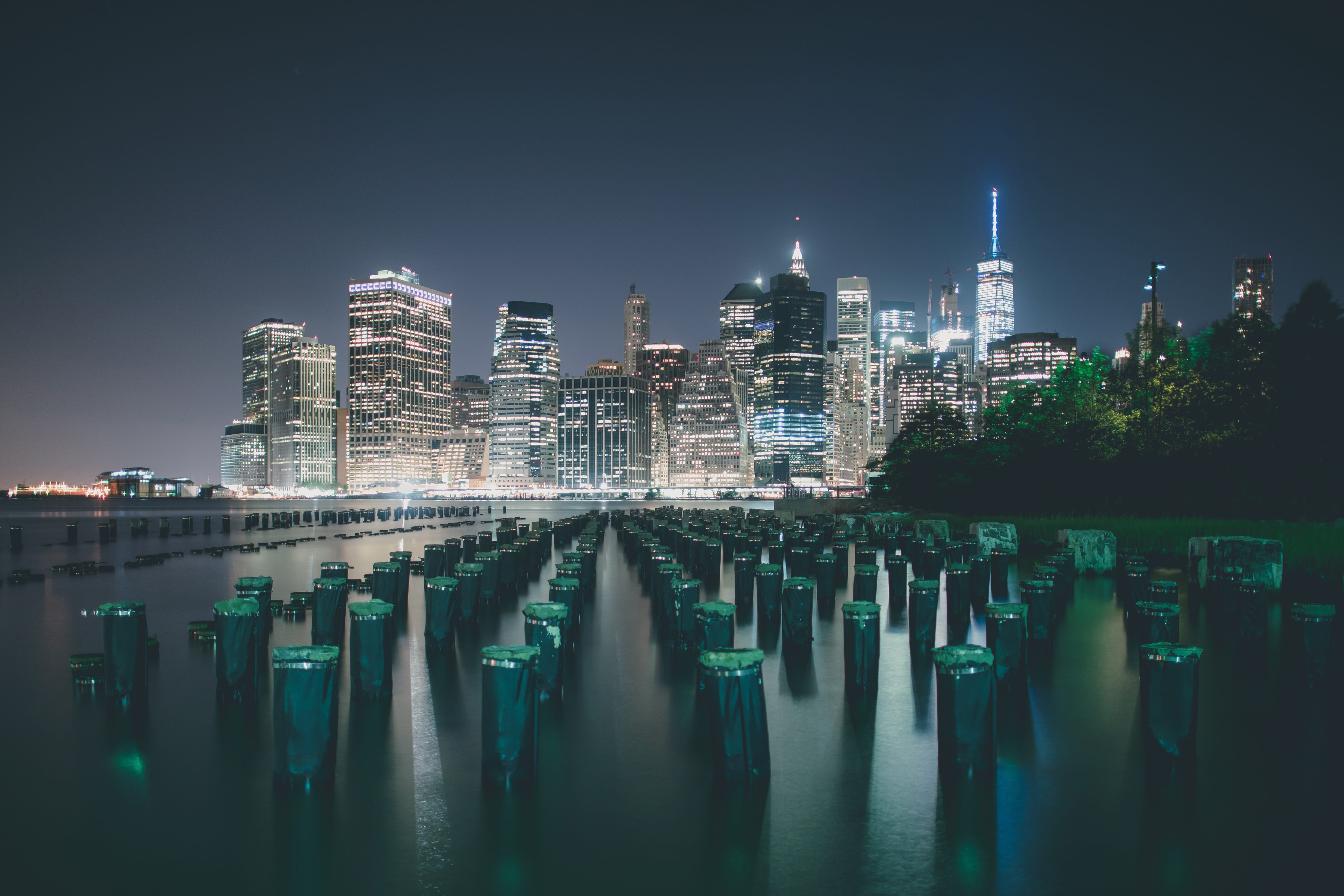 building, urban Scene, waterfront, financial district, New York City, river, by night, architecture, built Structure, 4K, uSA, downtown District, outdoors, HD Wallpaper