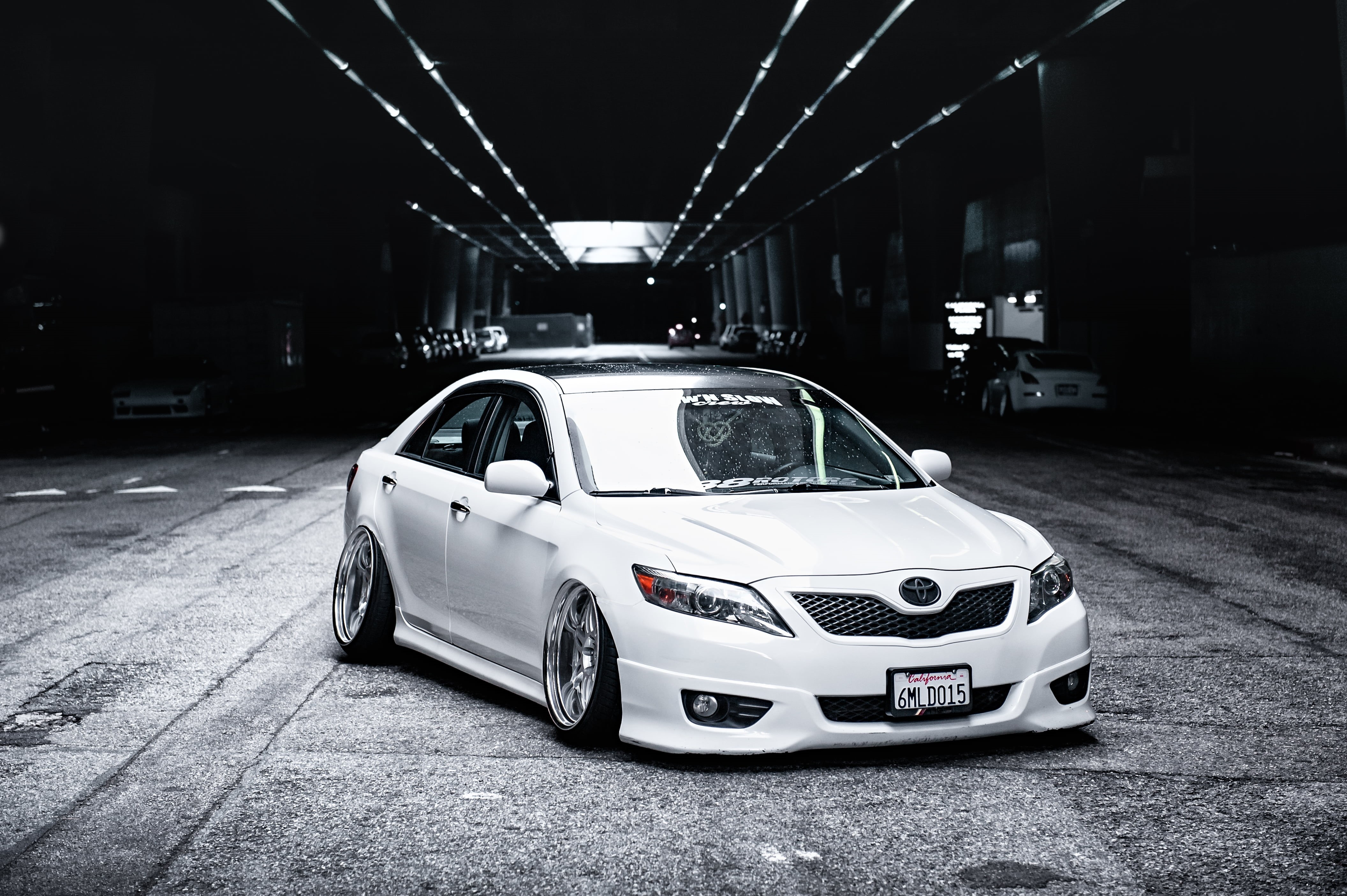illuminated, germany, speed, building exterior, night, black And White, sedan, Camry, tuning, stance, modern, city Life, front View, corolla, street, road, HD Wallpaper