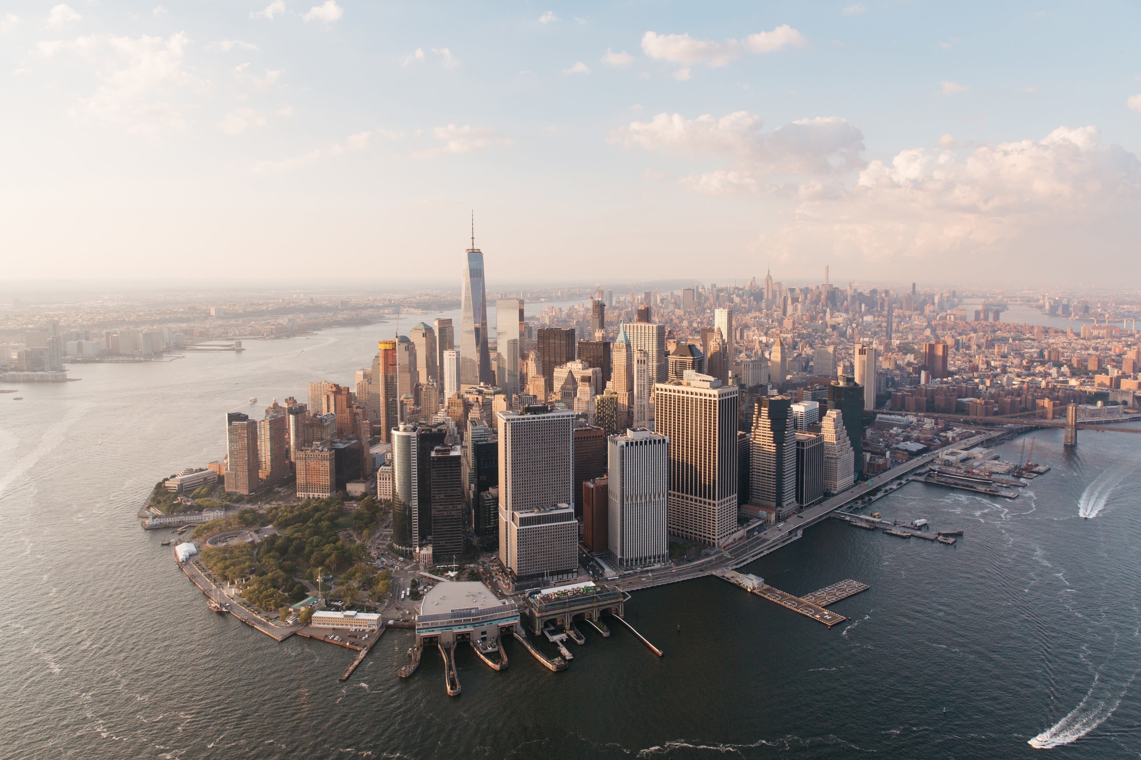 sky, outdoors, cityscape, New York City, waterfront, nature, water, financial district, city, urban skyline, office building exterior, helicopter view, HD Wallpaper