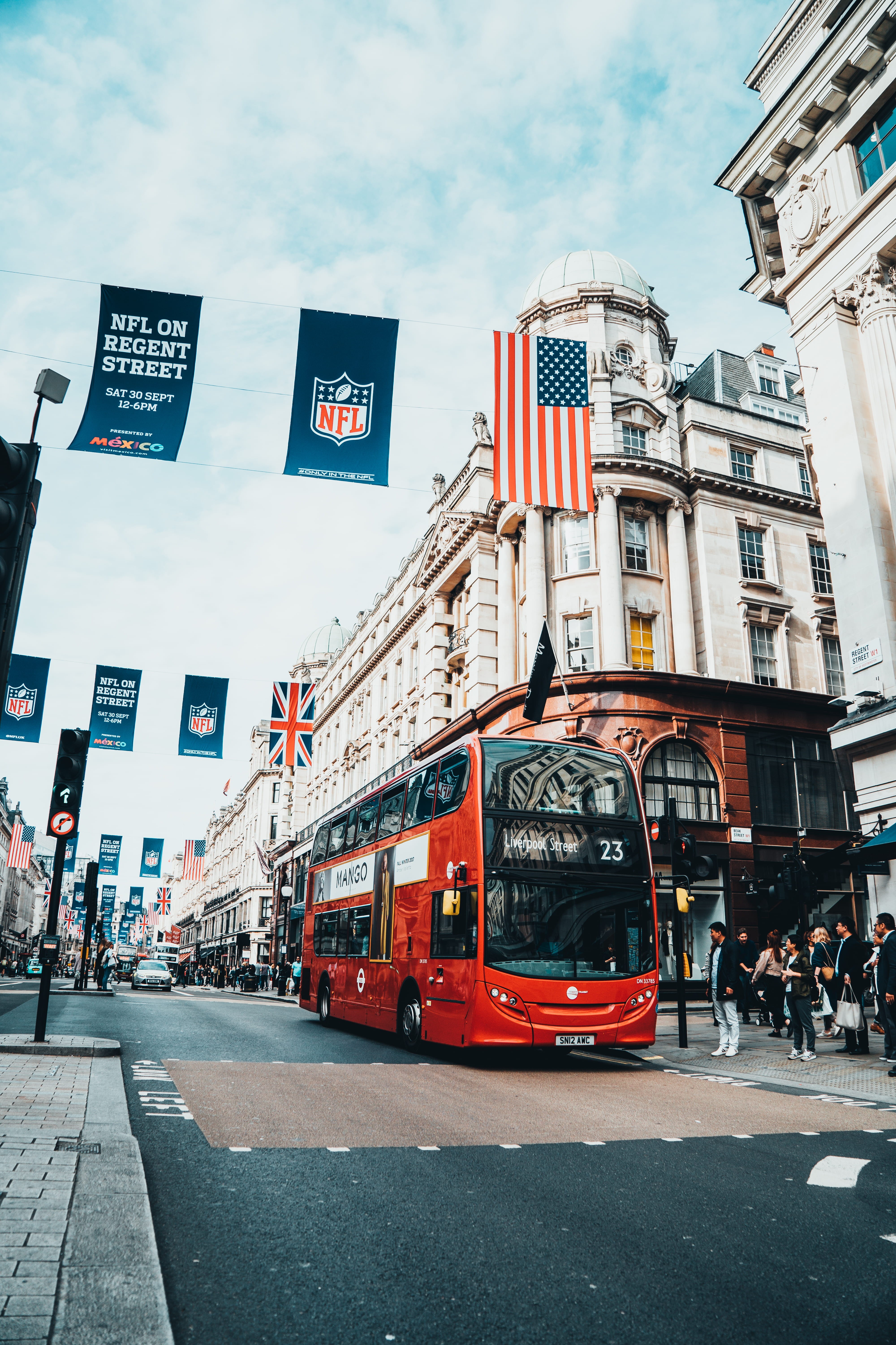 regent street, beside, transportation, american flag, 5K, day, london, city life, land vehicle, building, road, building exterior, concrete, double-decker bus, Phone HD Wallpaper