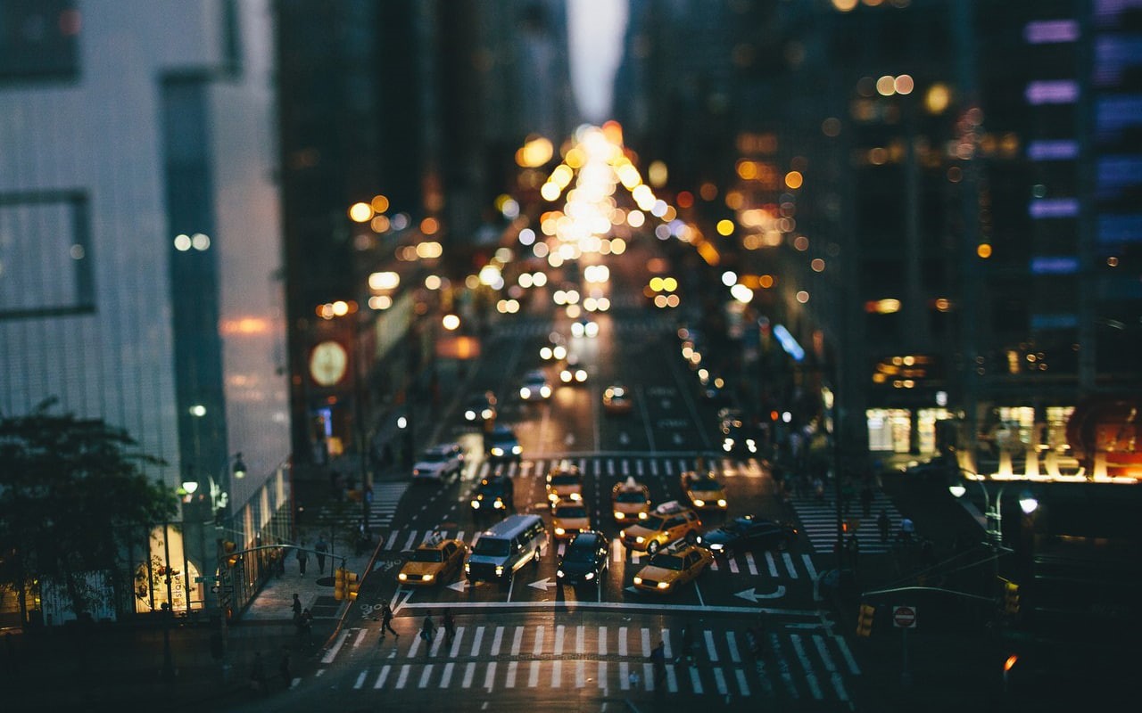 bokeh, cityscape, shift, tilt, buildings, hd, taxi, 720P, street, HD Wallpaper