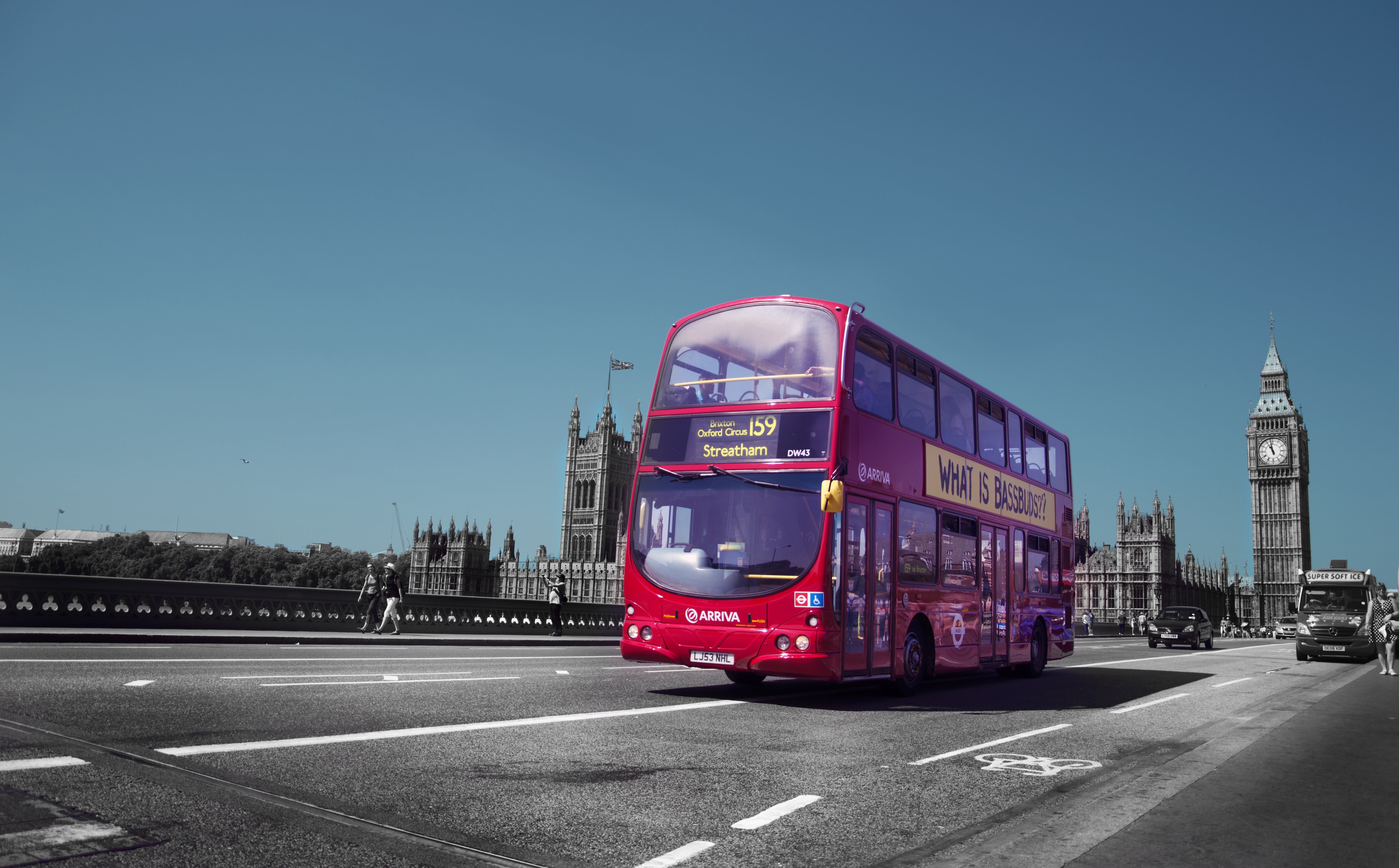 travel, black and white, outdoors, sign, road, famous Place, motion, uK, double, clear sky, 5K, road marking, red, no people, london, land Vehicle, england, HD Wallpaper