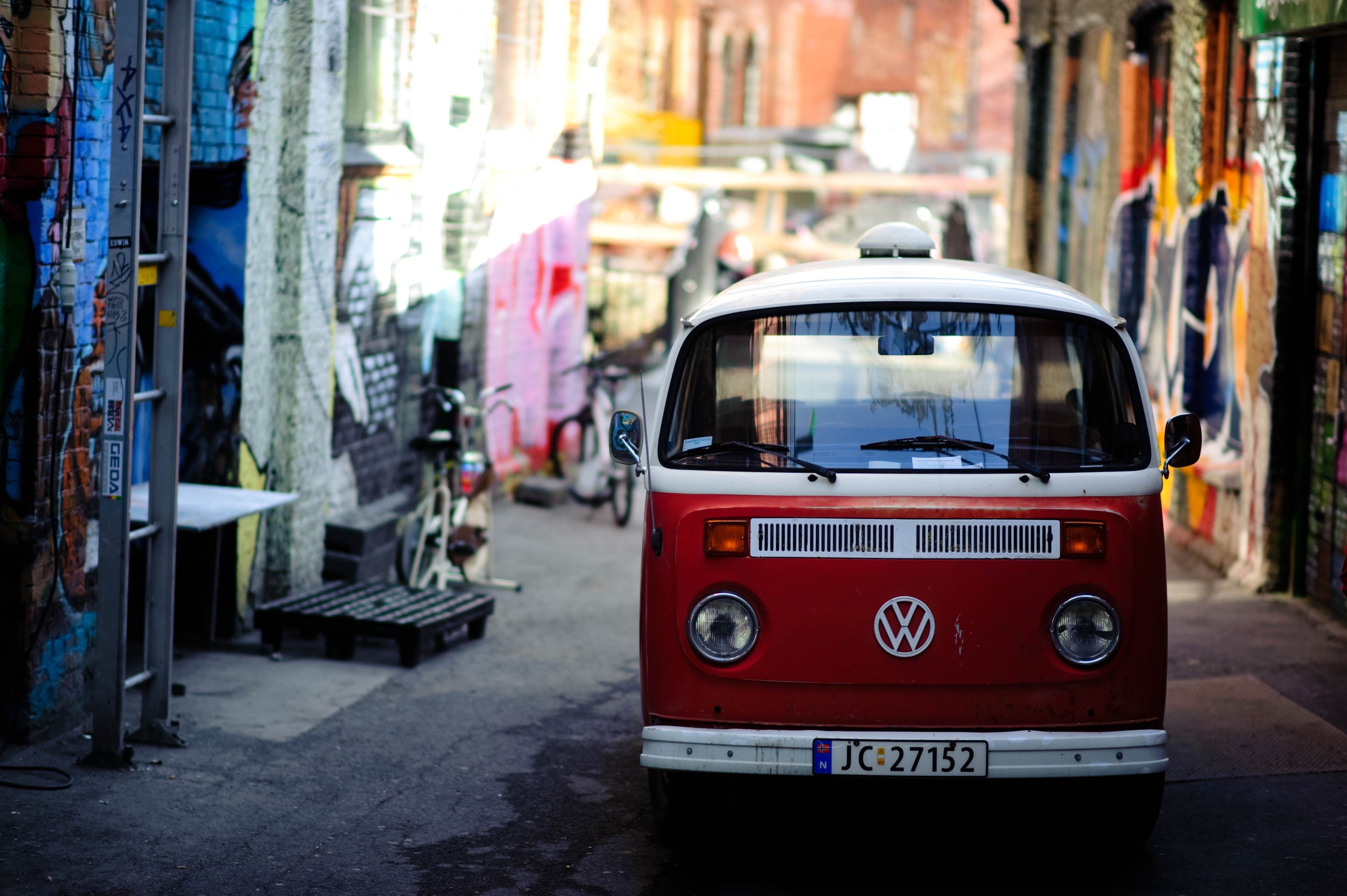 road, vehicle, street, mode of transportation, bus, white, red, vans, car, selective focus, 4K, transportation, land vehicle, text, focus on foreground, HD Wallpaper