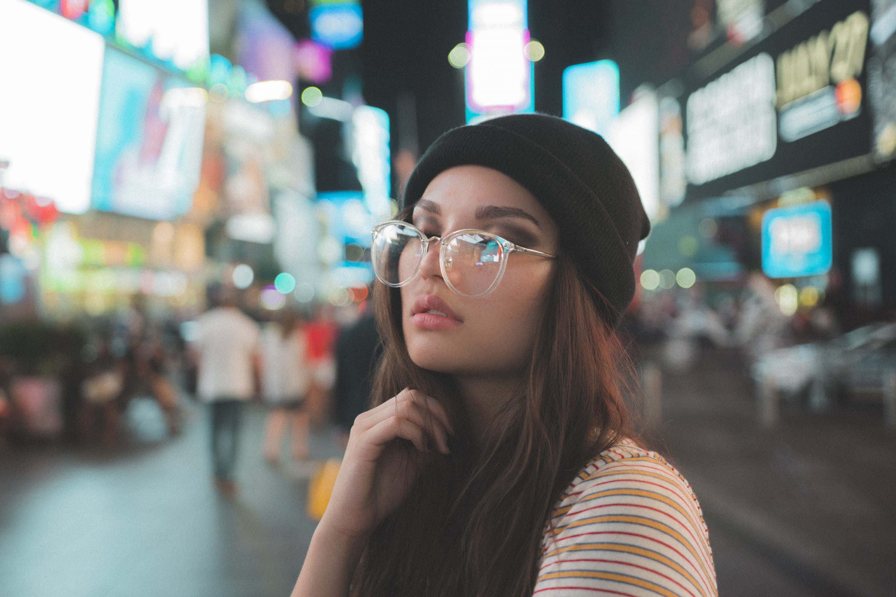 female, accessory, car, clothing, sunglasses, buildings, face, apparel, times square, manhattan, girl, architecture, young women, sleeve, one person, teenager, HD Wallpaper