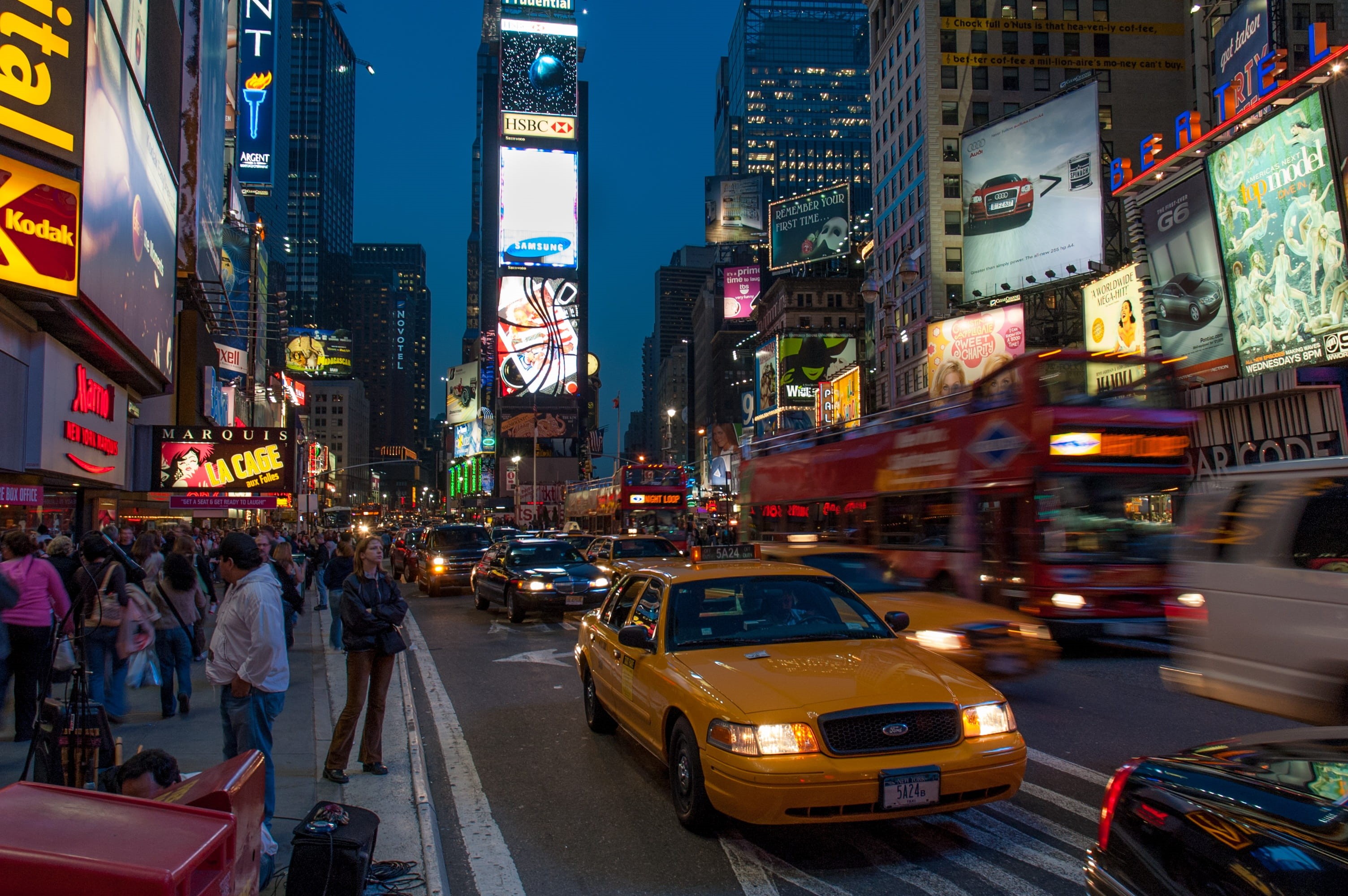 crowd, skyscraper, time square, city street, street, city life, office building exterior, traffic, manhattan, outdoors, 2K, city, mode of transportation, HD Wallpaper