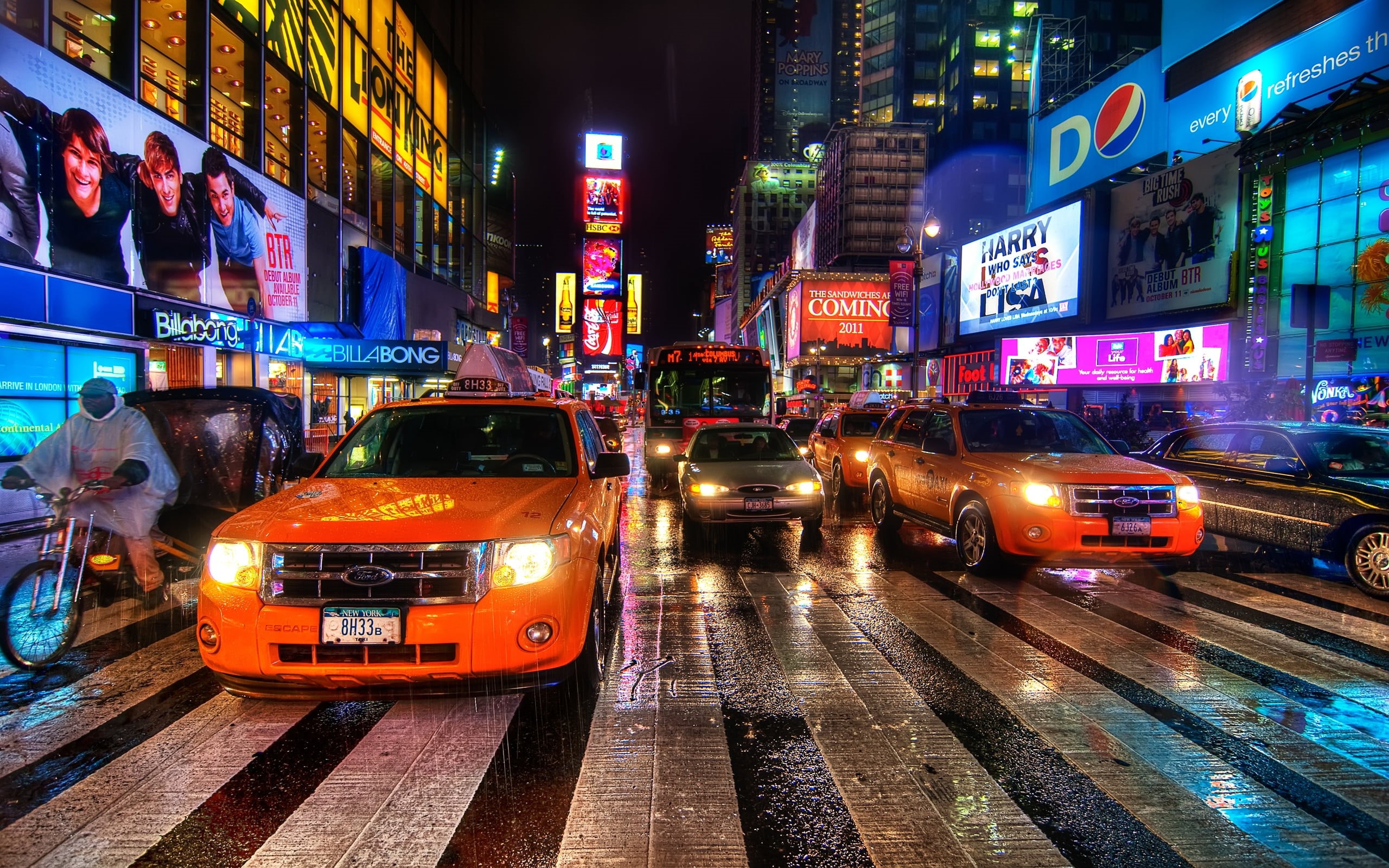 midtown, broadway - Manhattan, city, rain, car, yellow Taxi, commercial Sign, uSA, manhattan - New York City, transportation, building, building Exterior, HD Wallpaper