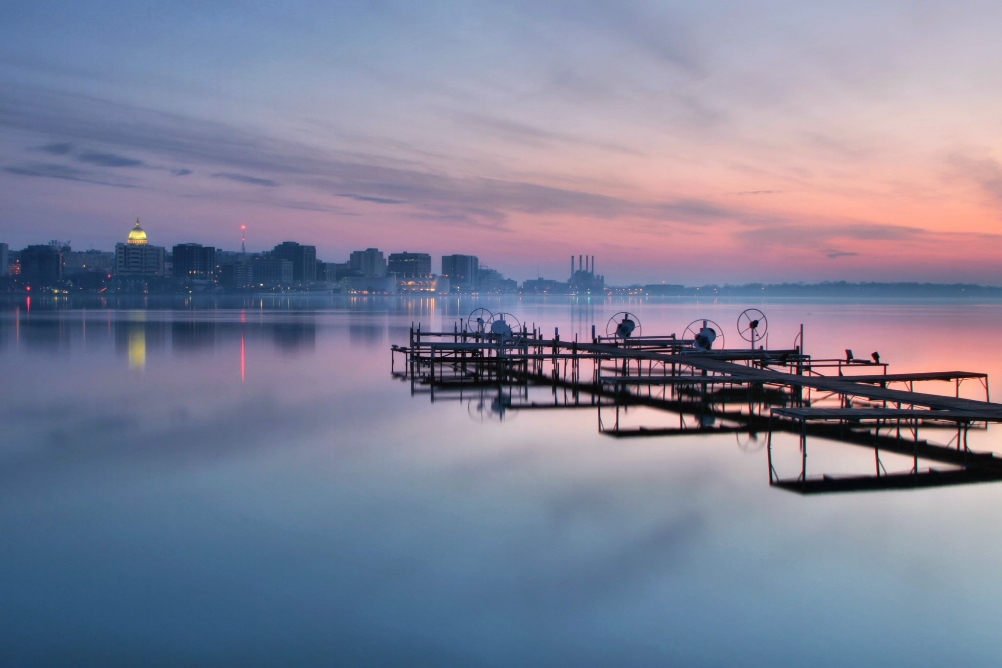 USA, Sunset, city, reflection, Wisconsin, Madison, evening, clouds, sky, 1080P, Lake, HD Wallpaper