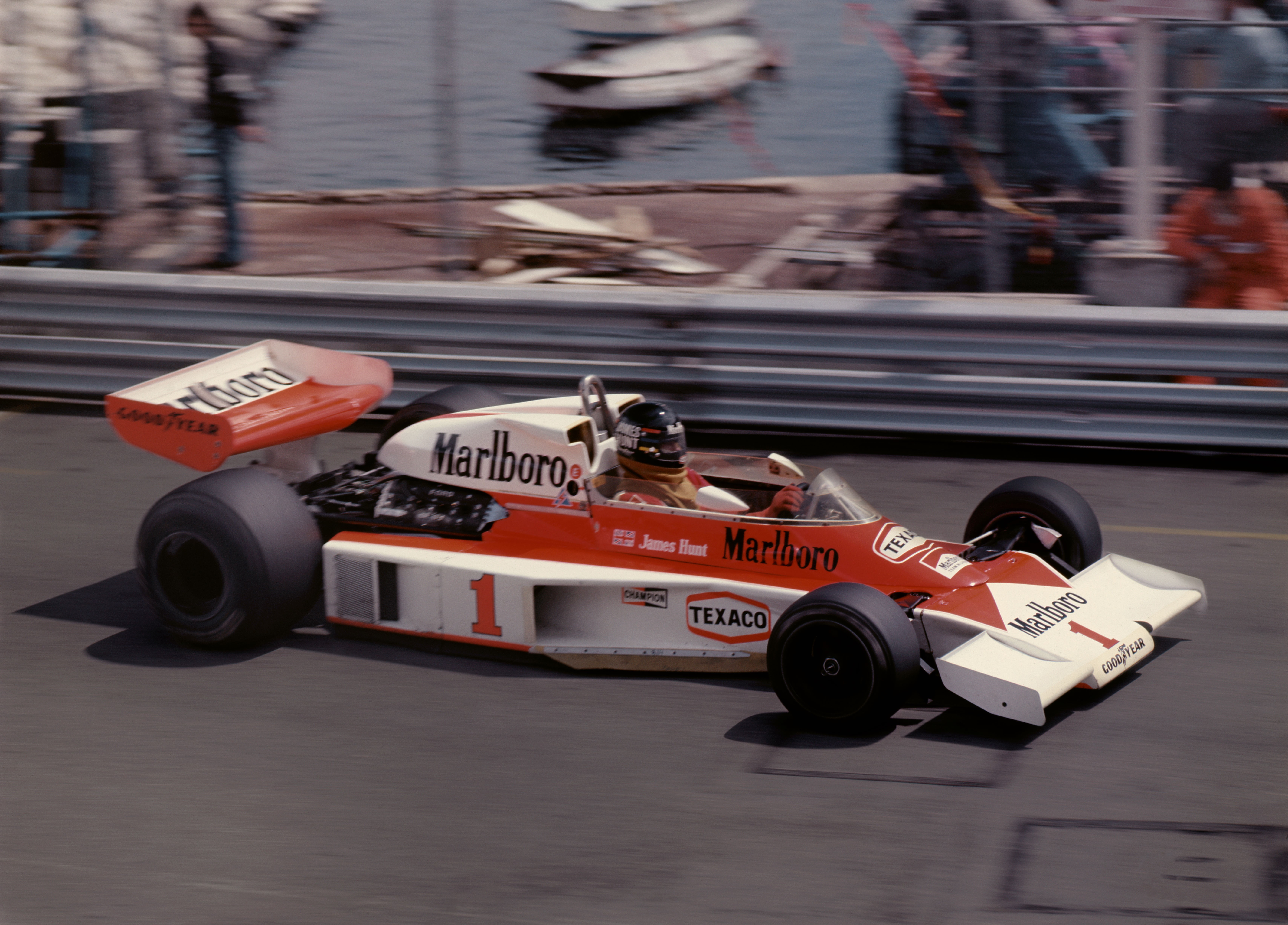 red, 1977, car, world champion, McLaren M23, Formula 1, legend, Monte Carlo, Marlboro Team McLaren, formula, white, marlboro, speed, James Hunt, Monaco Grand Prix, HD Wallpaper