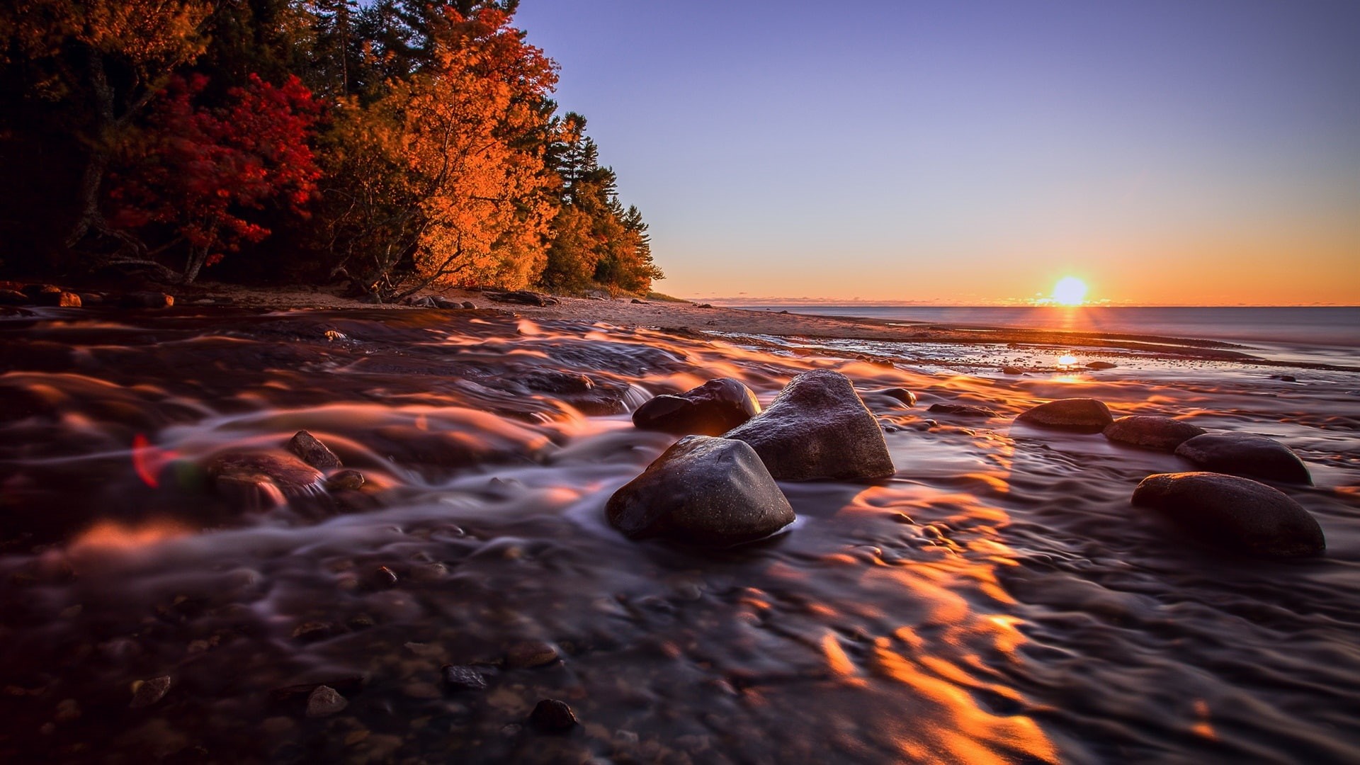 Sea, Stones, USA, 1080P, Autumn, Coast, Michigan, Sunset, HD Wallpaper