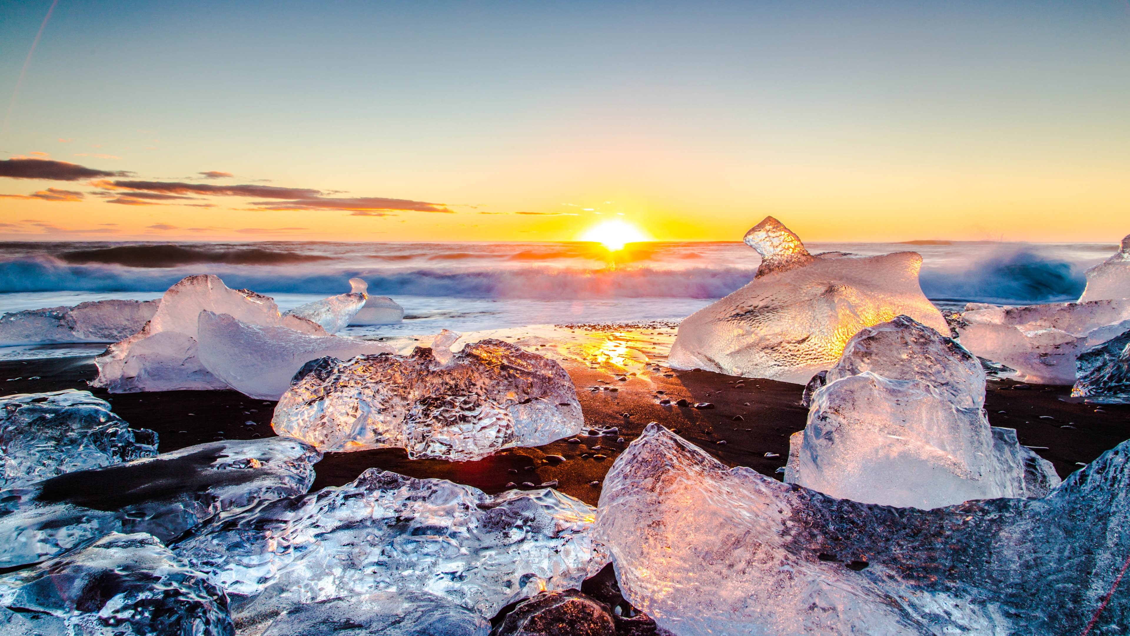 k, beach, landscape, sea, beautiful, 4k, ice, 4K, sunset, HD Wallpaper