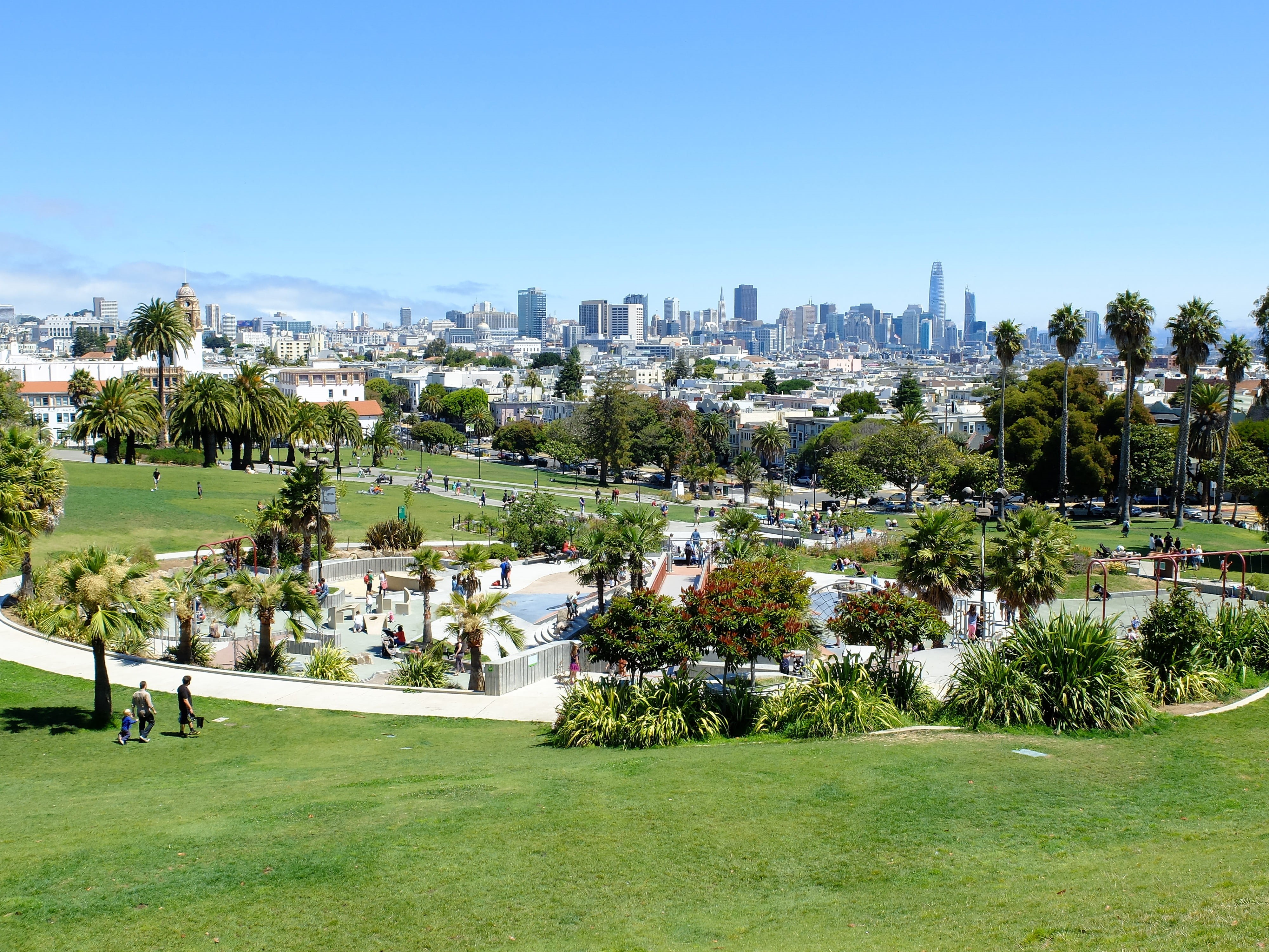 sky, california, day, outdoors, green color, sport, residential district, mission dolores, tree, city, architecture, plant, usa, 4K, cityscape, grass, HD Wallpaper