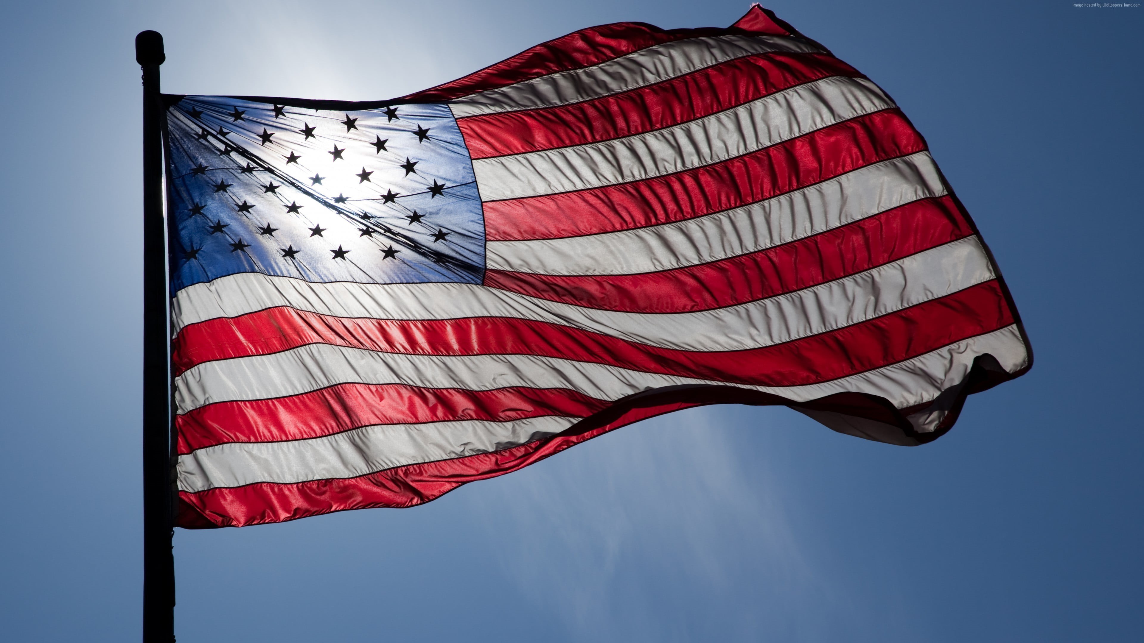 blue, pole, patriotic, red, patriotism, USA, freedom, low angle view, American flag, 4K, nature, flag, striped, no people, pride, symbolism, outdoors, HD Wallpaper
