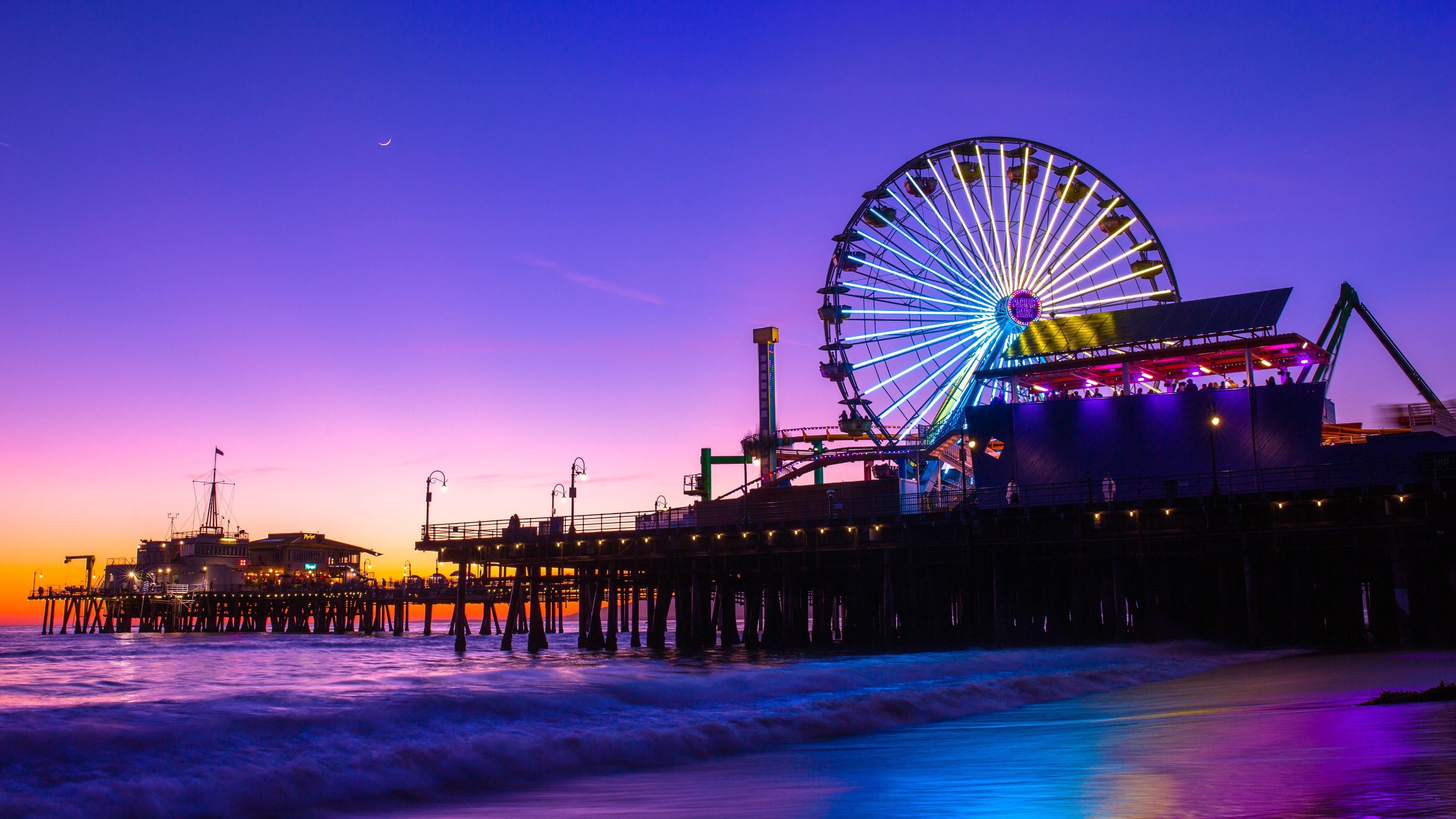 santa monica, shore, sand, wet sand, california, united states, 4K, coast, pacific ocean, beach, city lights, pier, night, amusement park, santa monica pier, HD Wallpaper