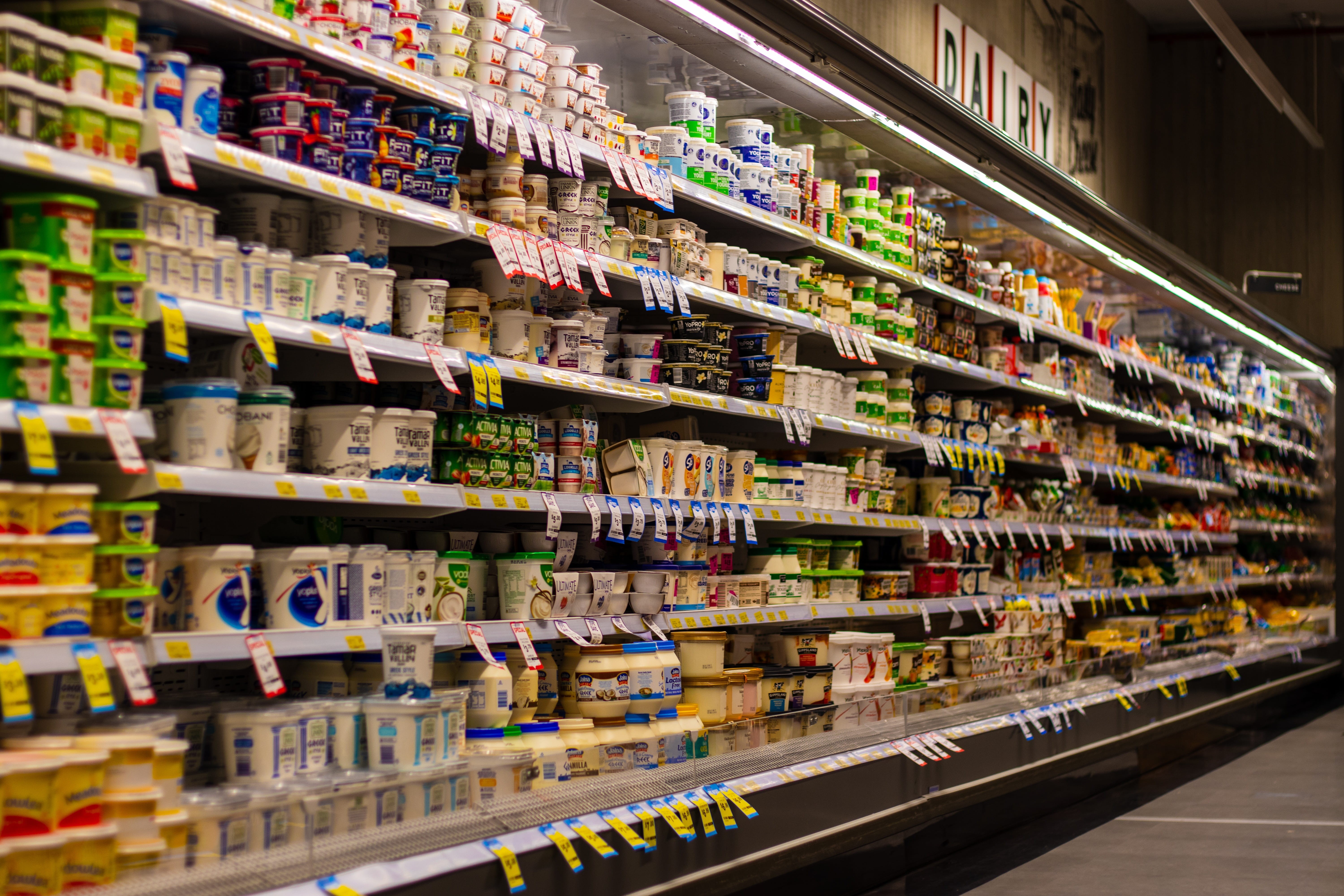 buy, yogurt, products, shop, food and drink, shopping, shelf, large group of objects, goods, arrangement, butter, milk, for sale, retail display, store, HD Wallpaper