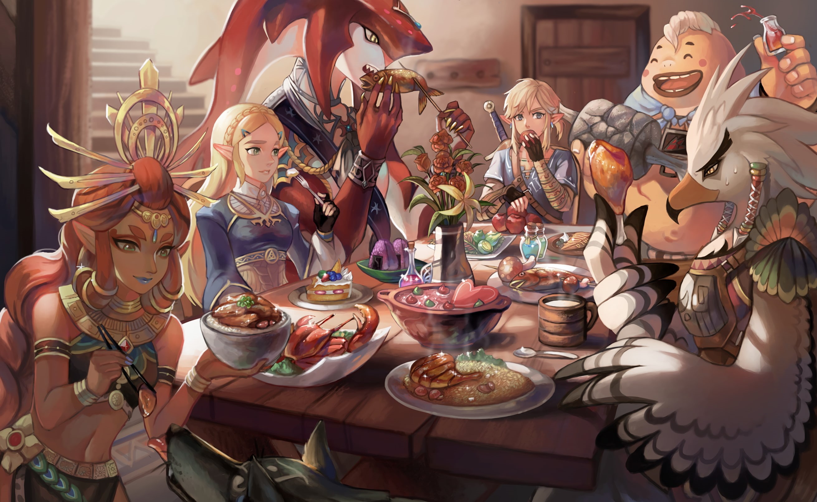 Nintendo, 2K, blonde, Zelda, video games, The Legend of Zelda, food, The Legend of Zelda: Breath of the Wild, Link, redhead, table, HD Wallpaper
