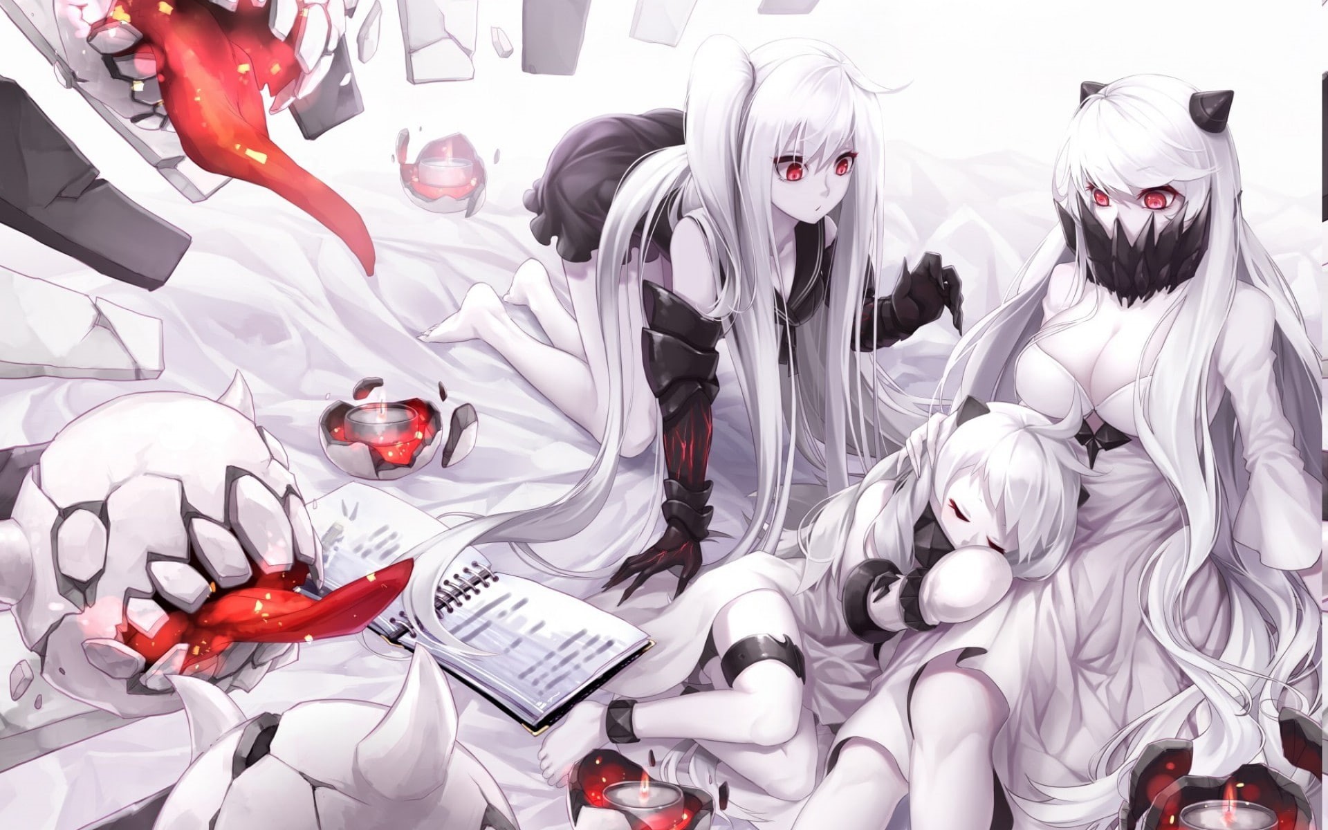 white hair, anime girls, Aircraft Carrier Hime, Northern Ocean Hime, 1080P, Kantai Collection, red eyes, HD Wallpaper