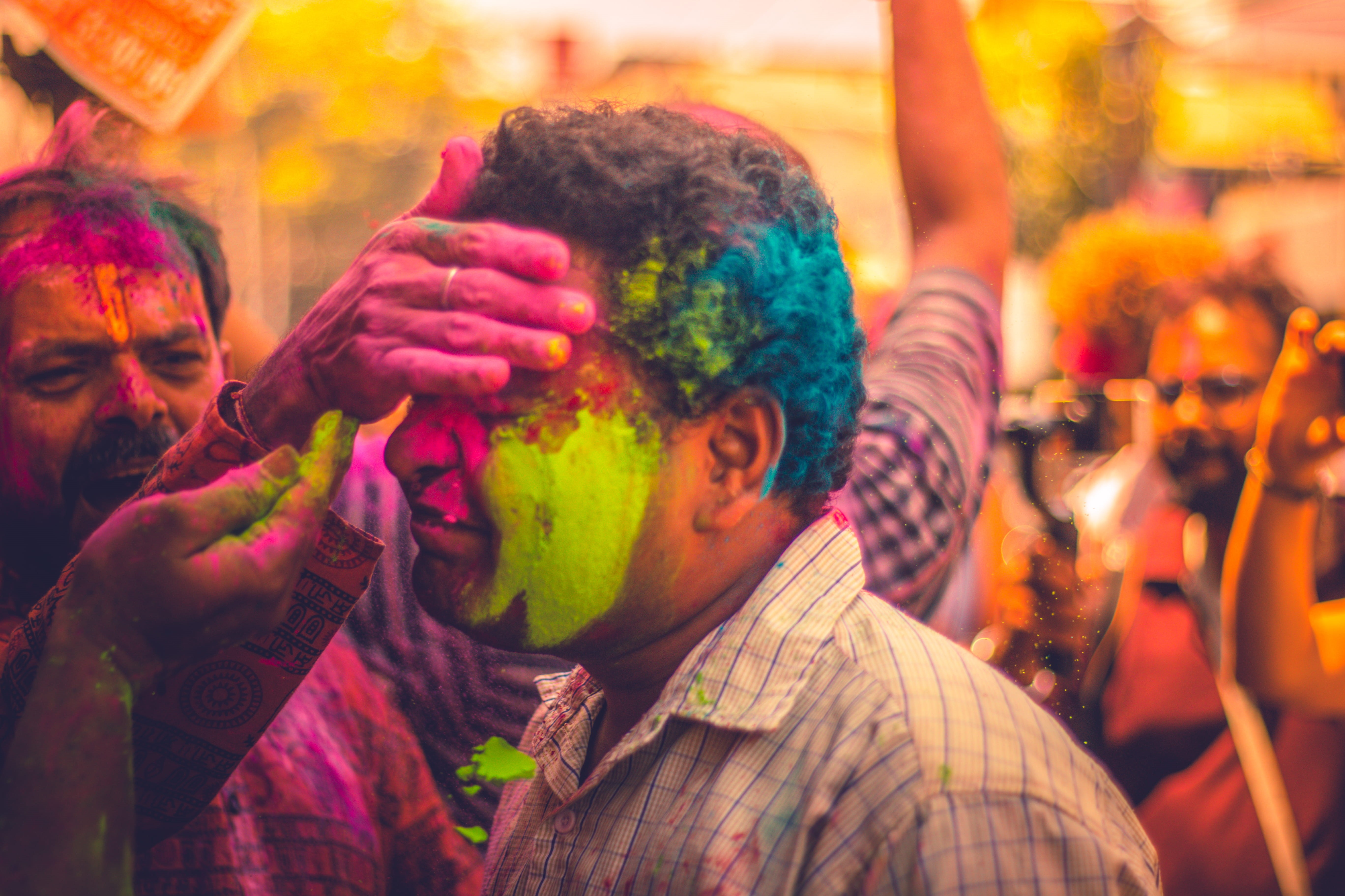 enjoyment, hand, paint, human limb, human arm, human body part, multi colored, festival, headshot, painted, fun, portrait, crowd, positive emotion, india, HD Wallpaper