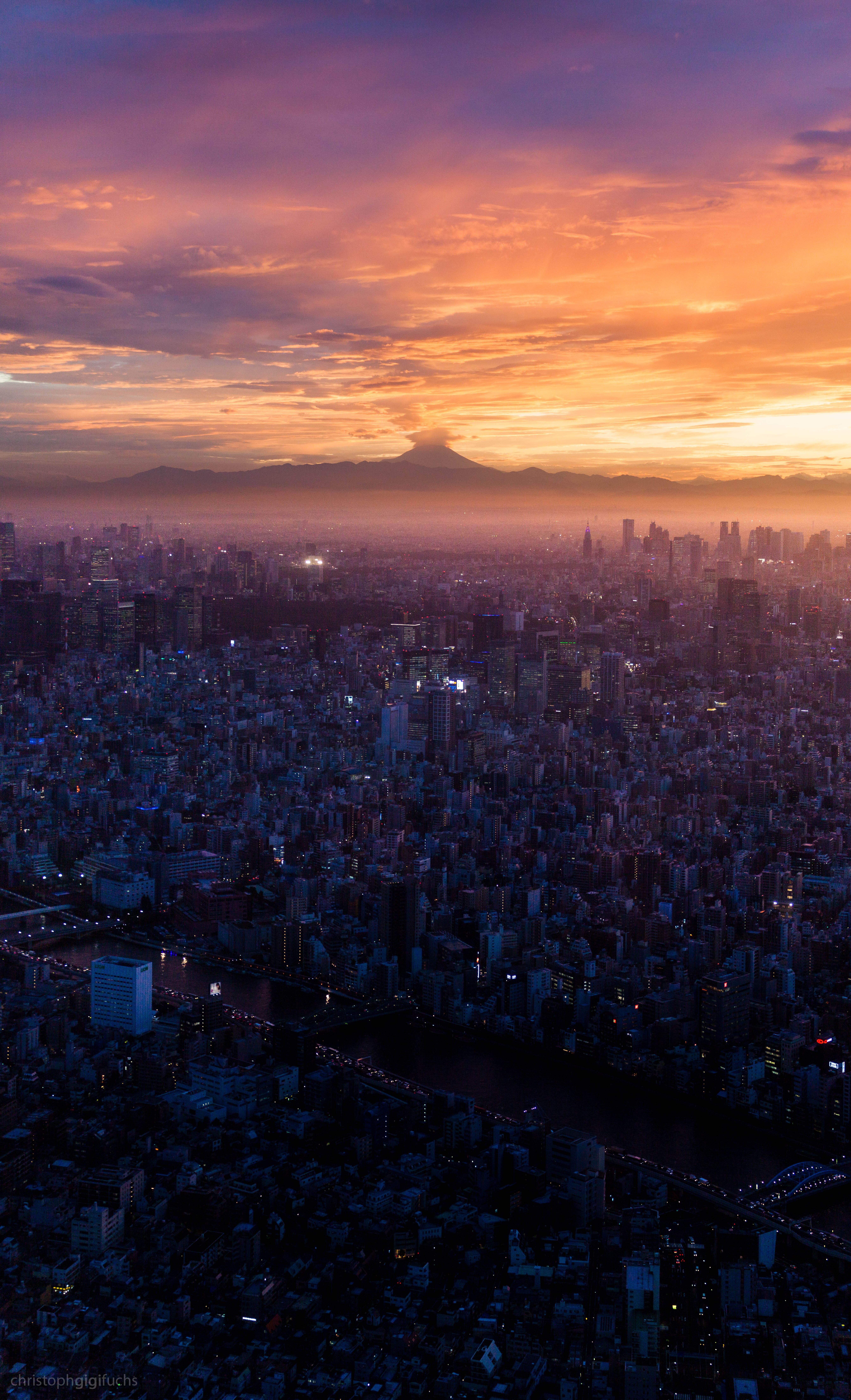 volcano, 8K, horizon, Tokyo Prefecture, sunset, clouds, Mount Fuji, cityscape, Phone HD Wallpaper