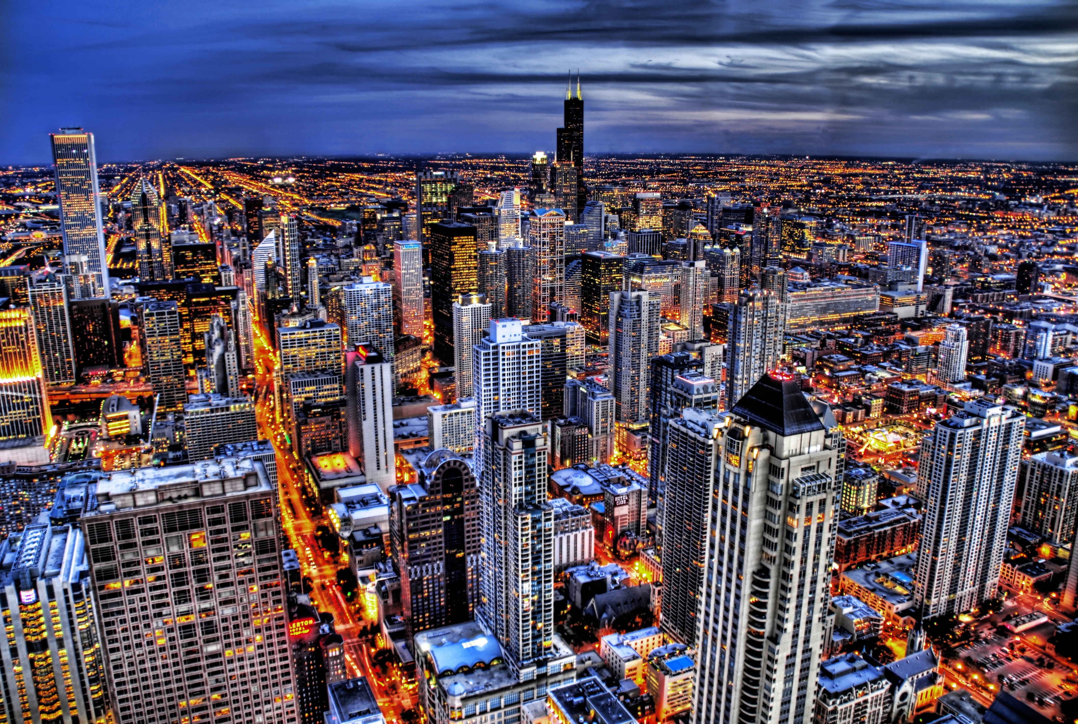 building Exterior, illuminated, urban Scene, view, skyscraper, 4K, modern, night, eye, famous Place, architecture, dusk, urban Skyline, birds, asia, aerial View, HD Wallpaper