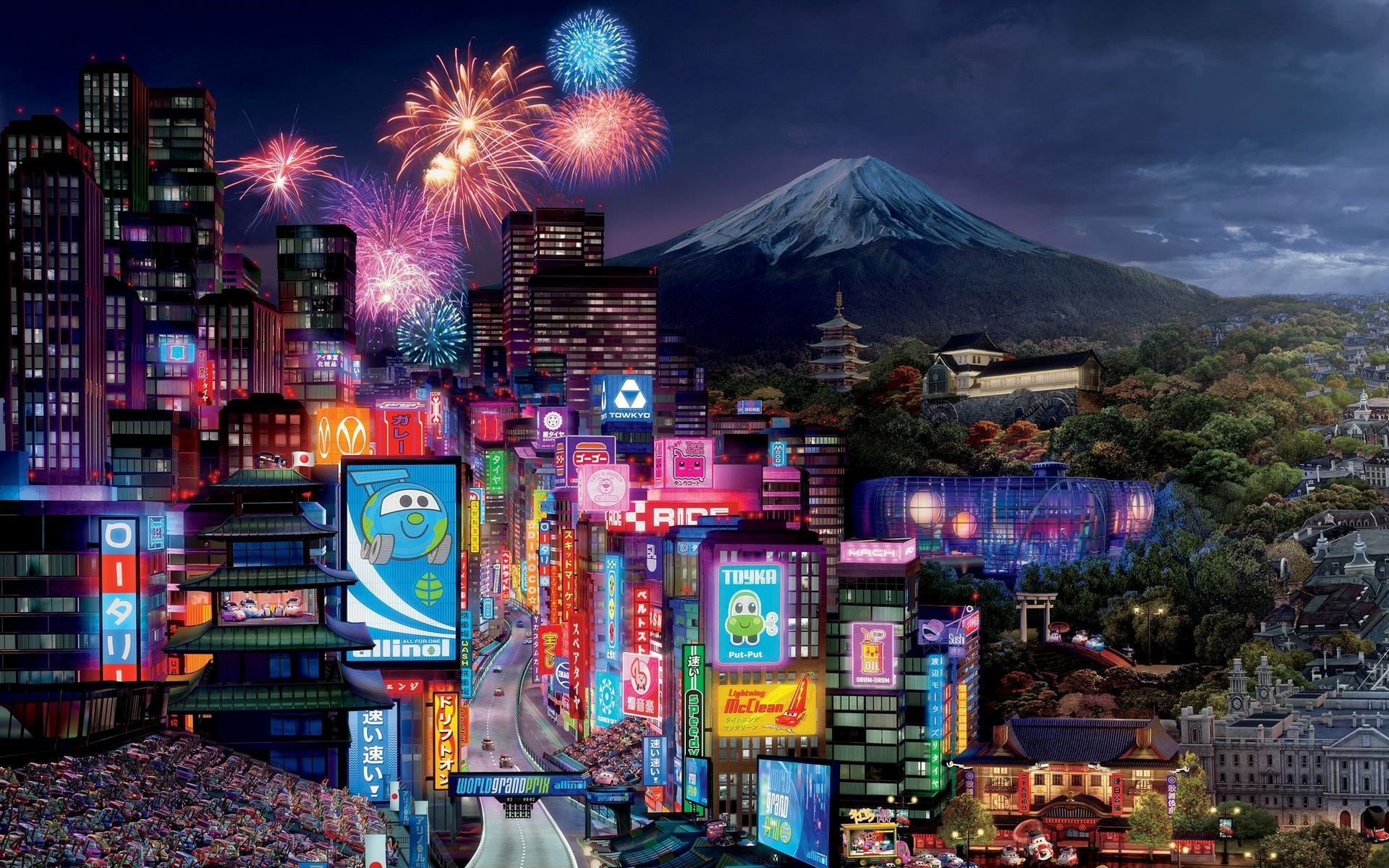 grand, film, walt, cities, disney, cars, racing, sport, mcqueen, animated, fireworks, world, prix, pixar, 1080P, tokio, drift, HD Wallpaper