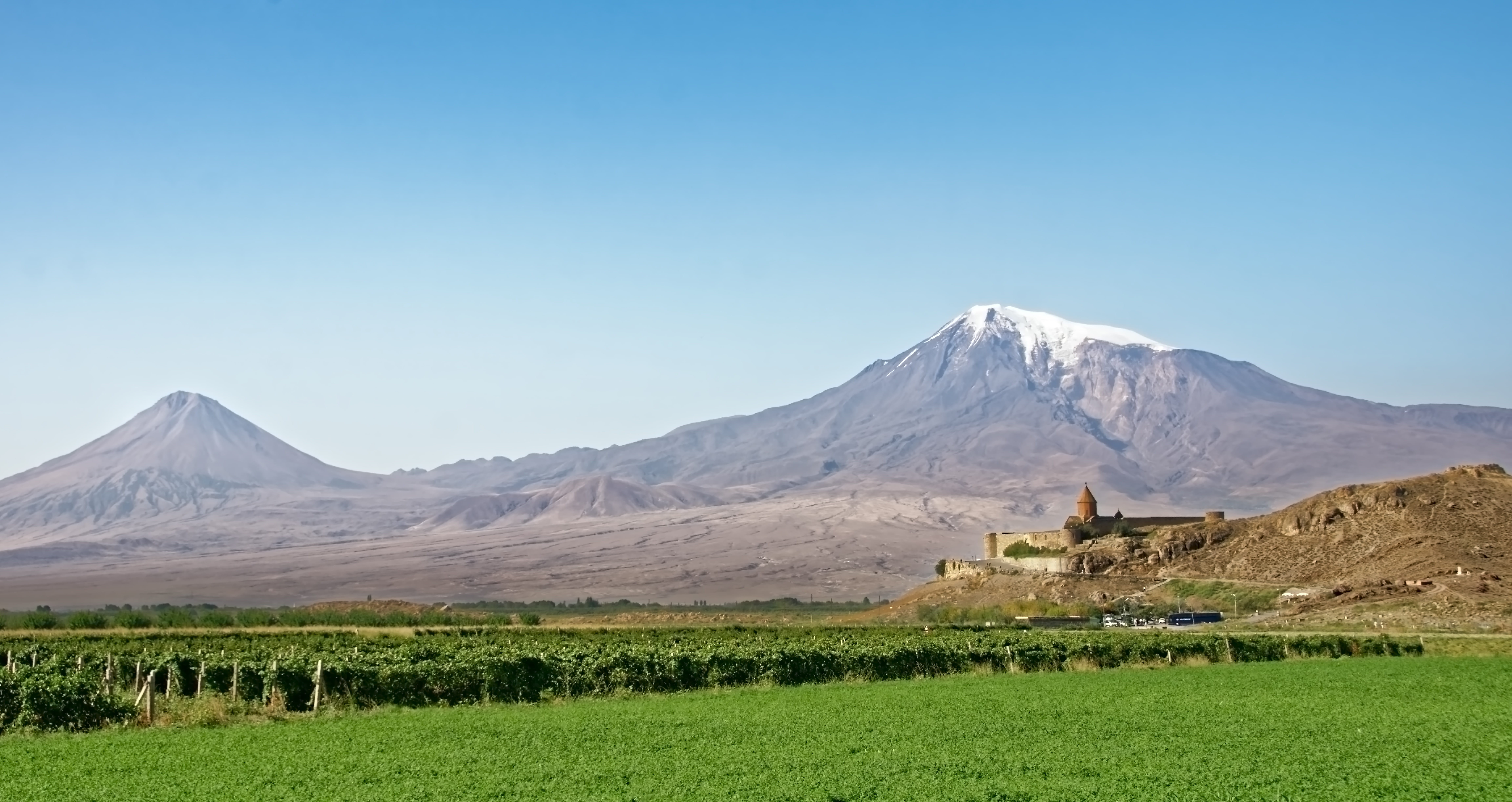 caucasus, clear sky, land, nature, ararat, monastery, armenia, scenics - nature, mountain range, landscape, plant, turkey, tranquility, mountains, blue, HD Wallpaper