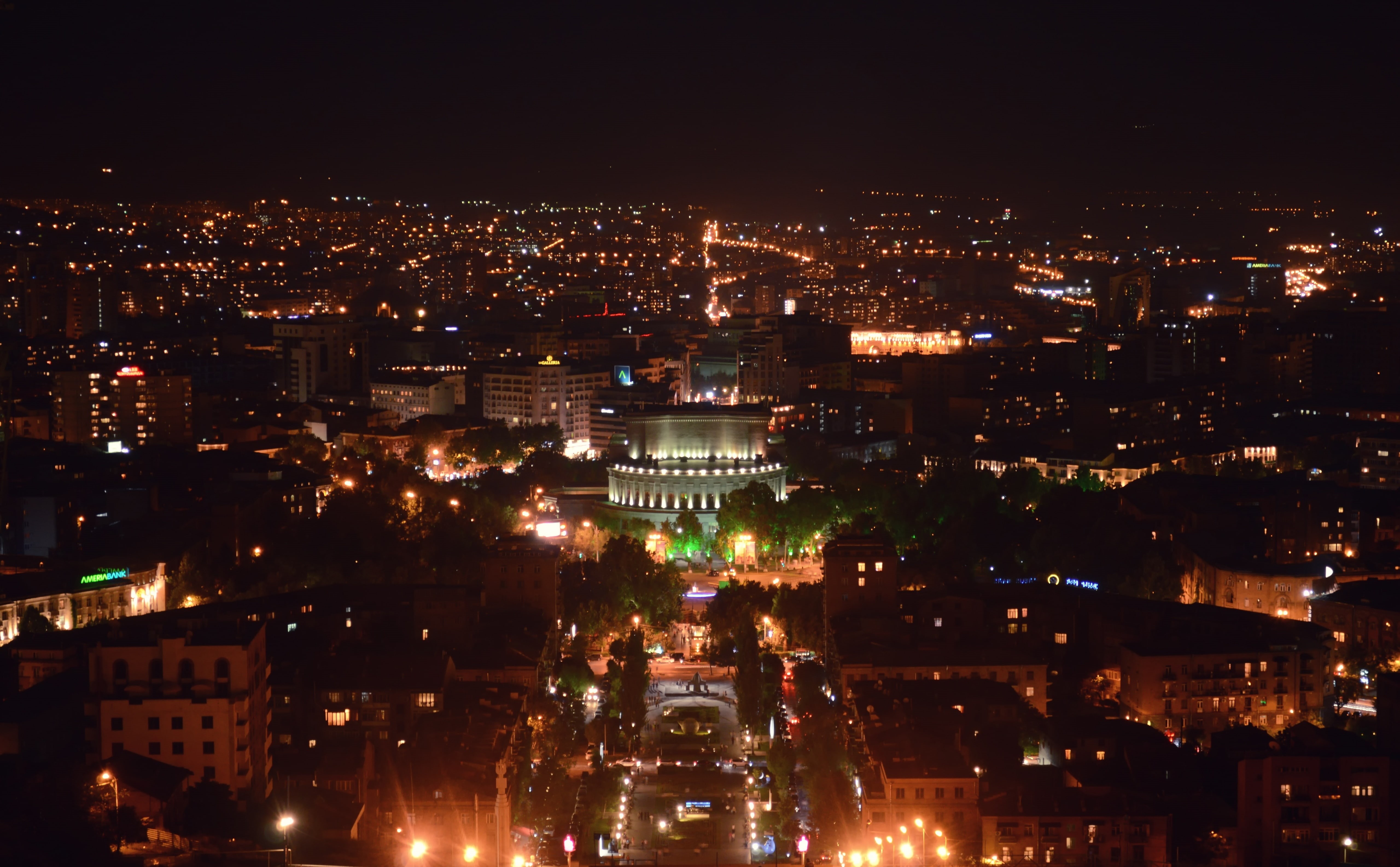 outdoors, aerial, city life, travel destinations, nightlife, illuminated, cityscape, nature, lighting equipment, building, beautiful, light, armenia, skyscraper, HD Wallpaper