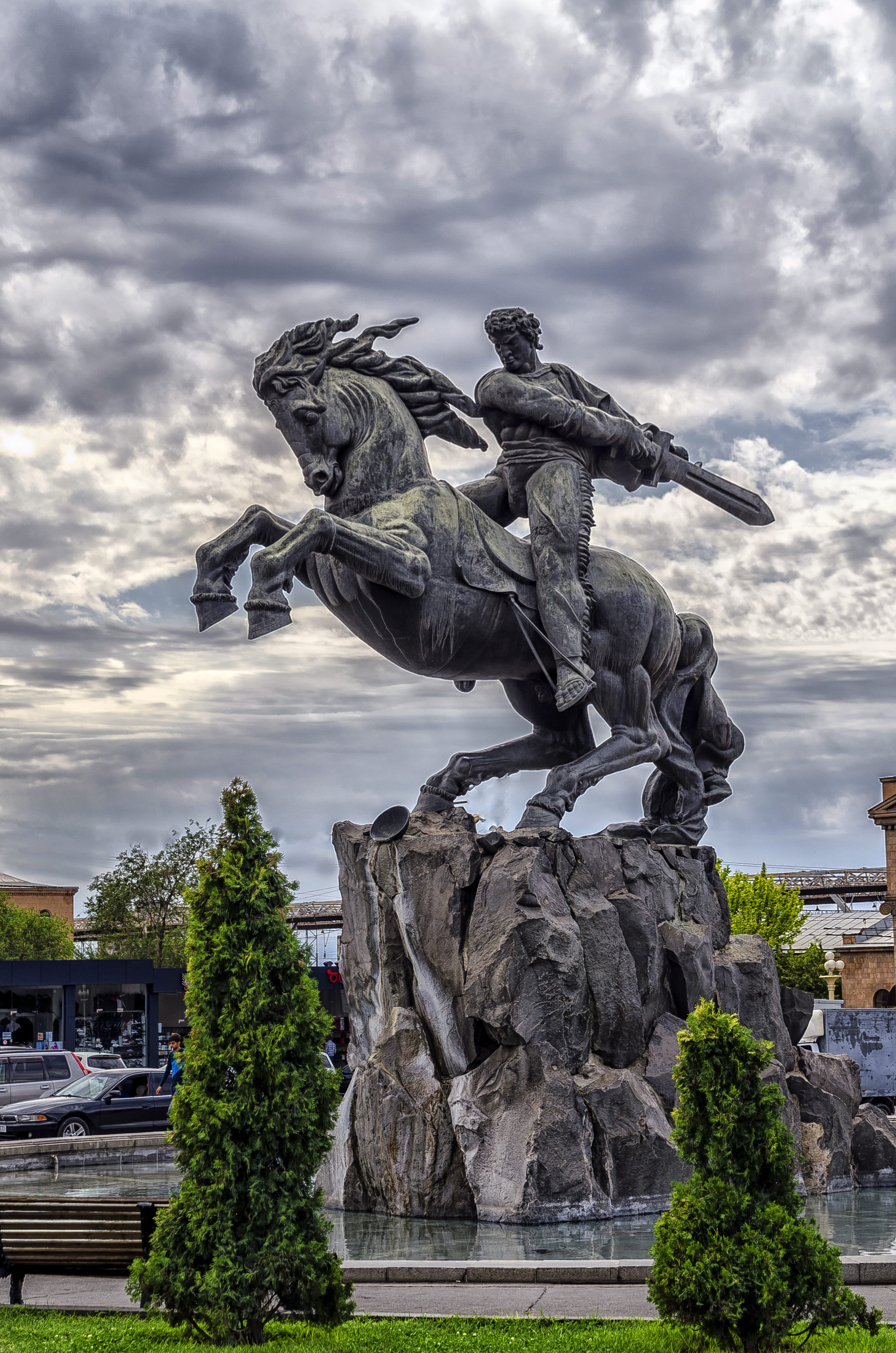 Green, architecture, Historic, Hero, no people, Armenia, cloud - sky, overcast, Statue, water, Armenian, sculpture, Outdoor, male likeness, Yerevan, plant, Phone HD Wallpaper