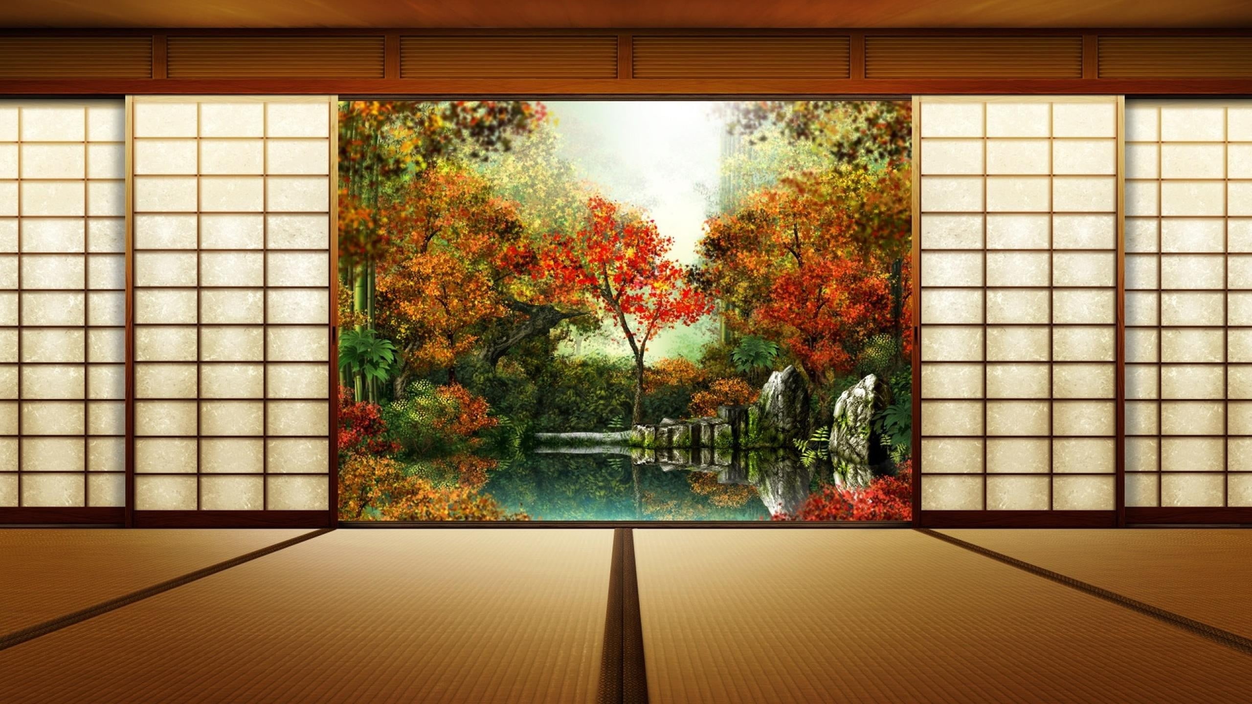 day, flooring, 2K, orange color, architecture, window, nature, no people, pattern, change, leafed, house, building, Japan, built structure, growth, autumn, HD Wallpaper