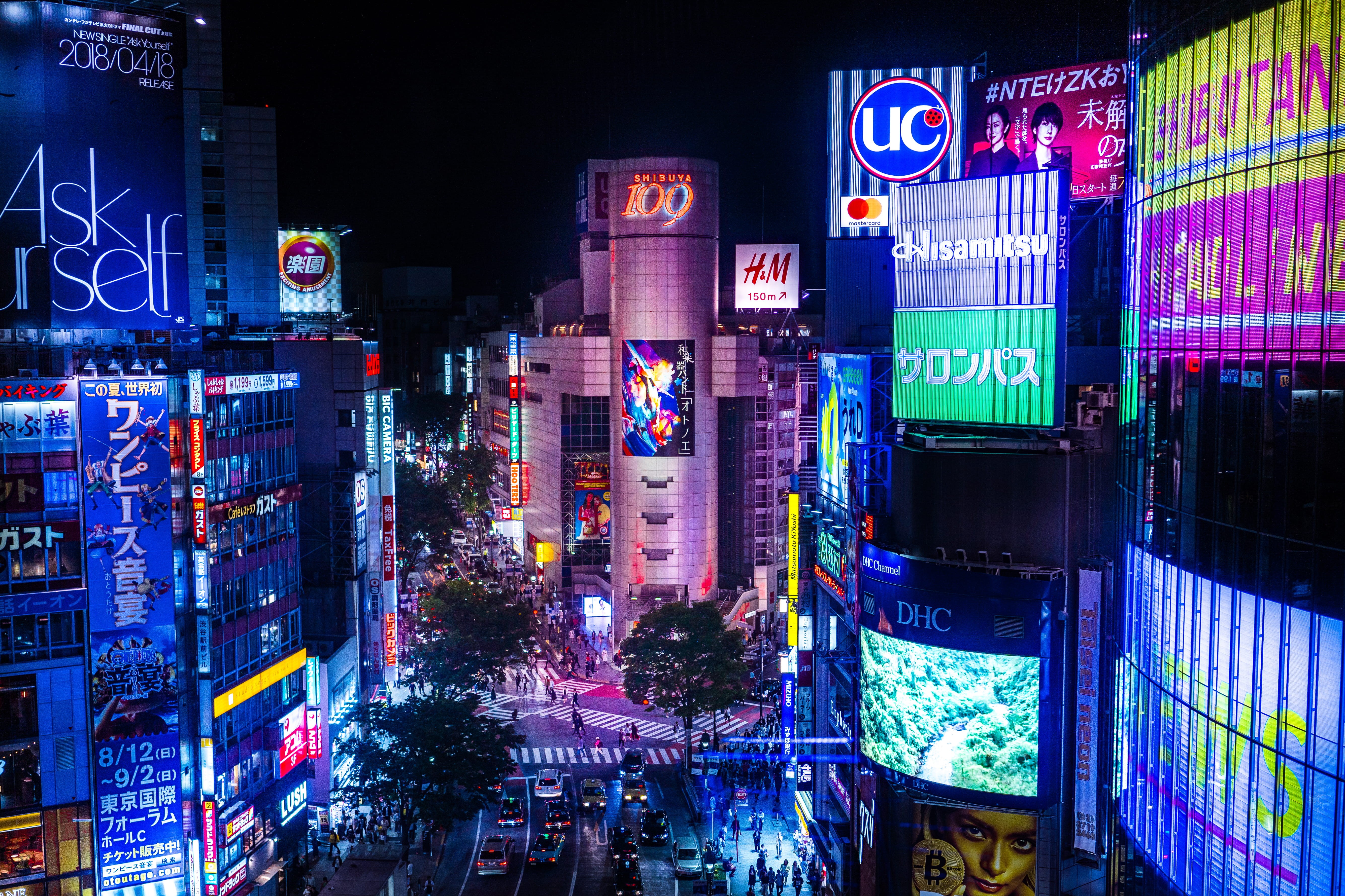 night, business, non-western script, building exterior, sign, no people, financial district, 5K, neon, skyscraper, city, tokyo, downtown district, text, HD Wallpaper
