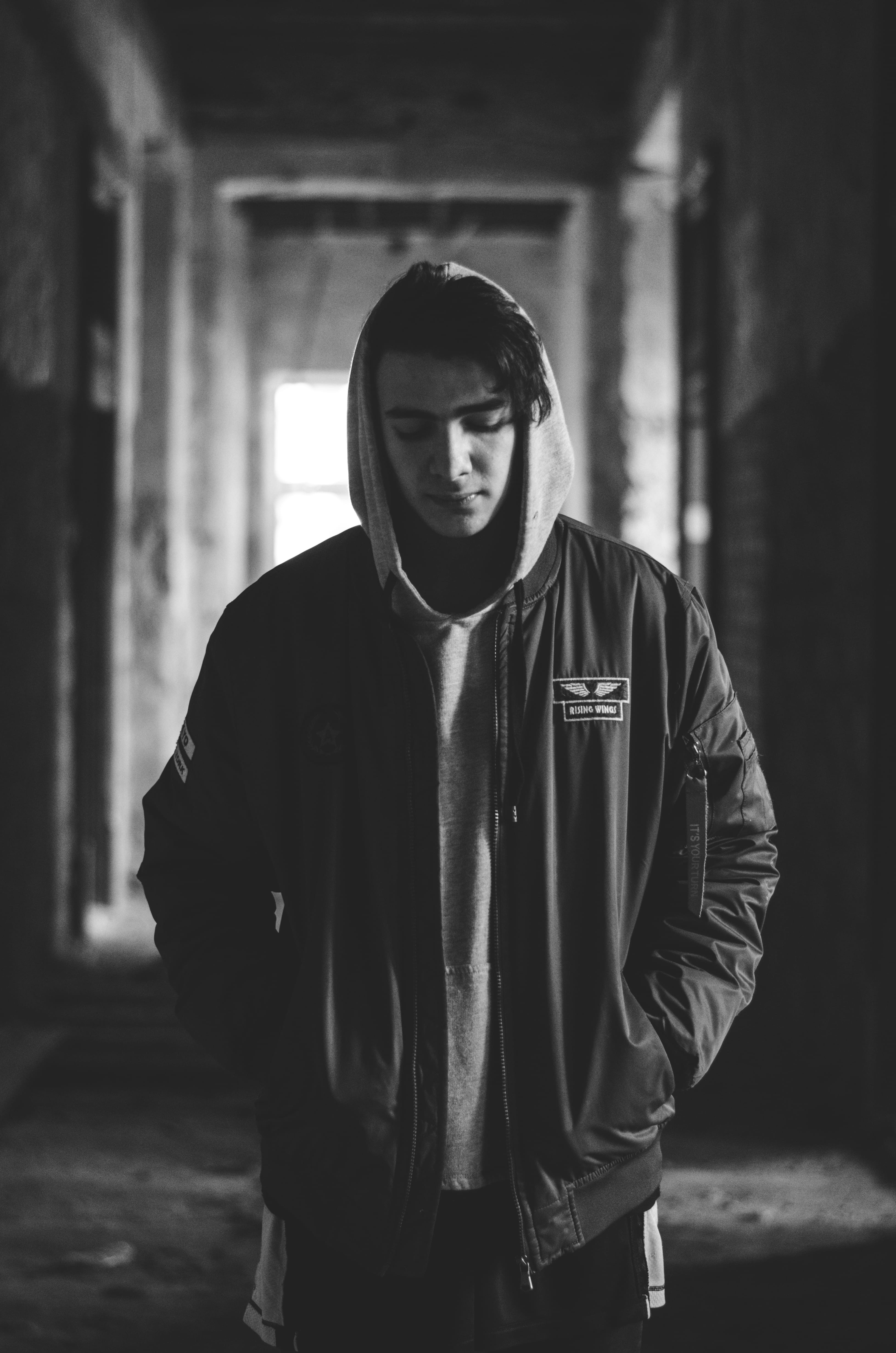 wearing, black and white, jacket, male, looking at camera, photography, casual clothing, overcoat, one person, sweater, waist up, human, hood - clothing, Phone HD Wallpaper