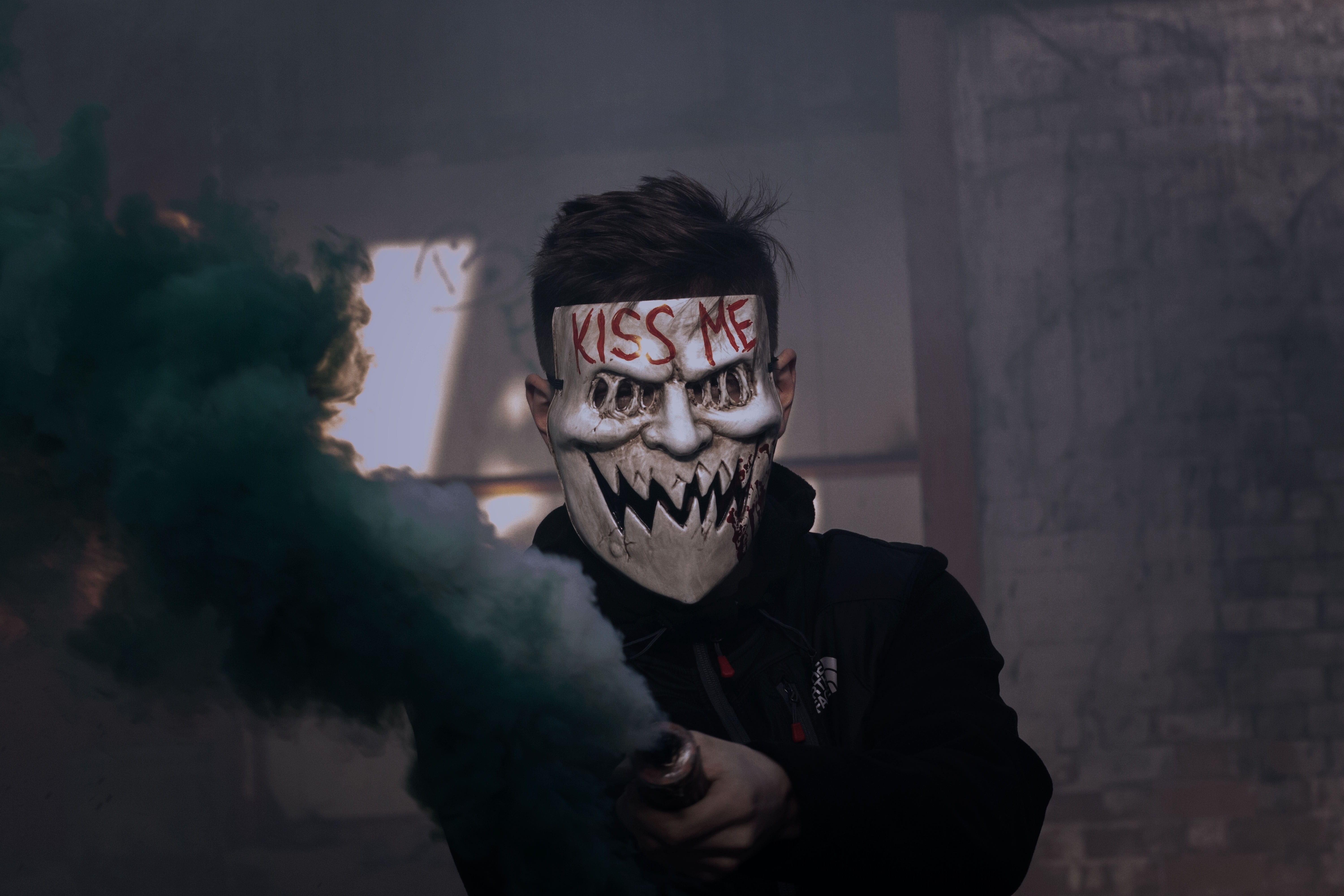 obscured face, white, halloween, man, portrait, hoodie, fear, face, mask, demon - fictional character, shallow, smoke, kiss, indoors, celebration, 5K, HD Wallpaper