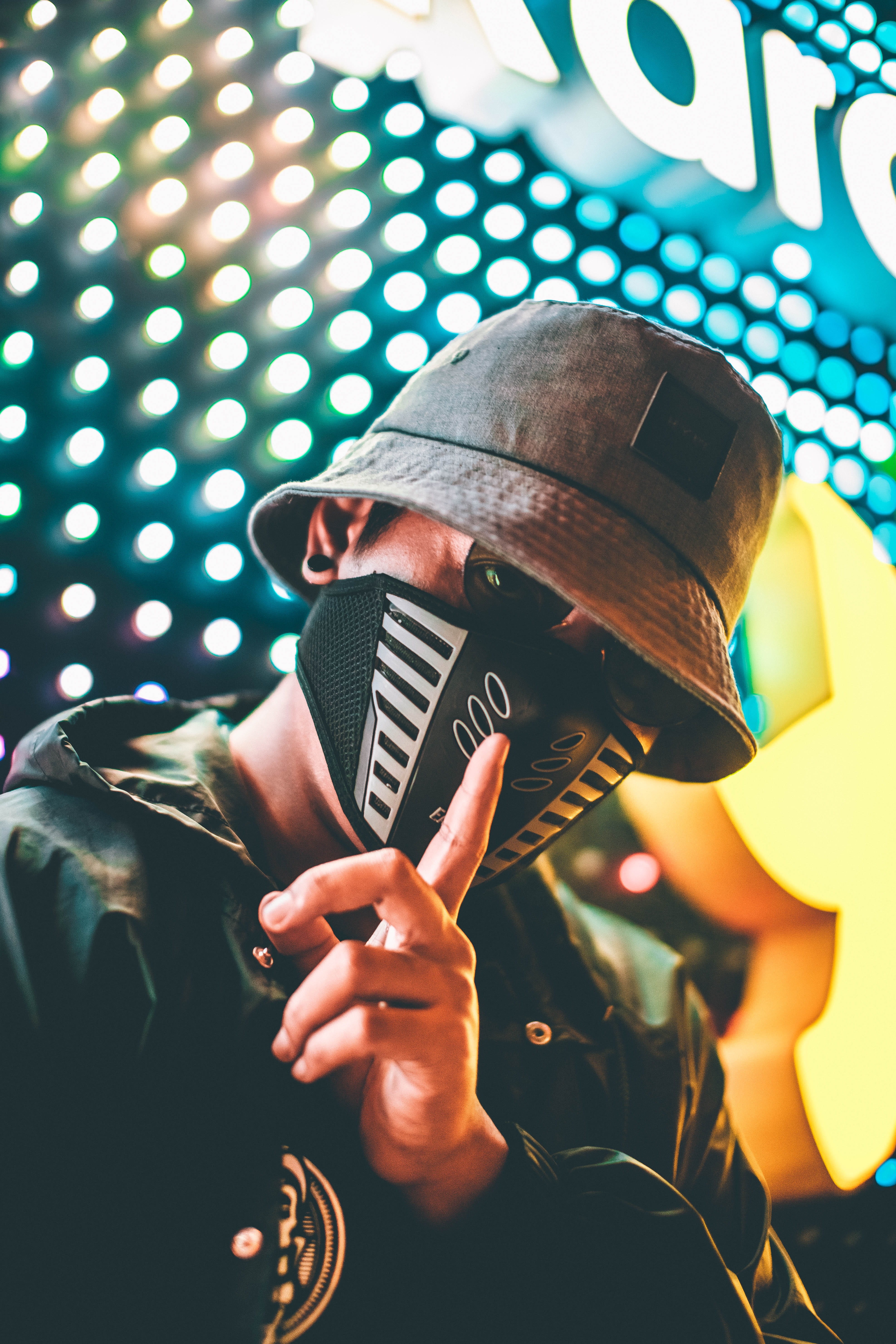 one person, musical instrument, human, portrait, background, coat, tone, playing, arts culture and entertainment, hat, gray, bucket, colour, neon light, Phone HD Wallpaper