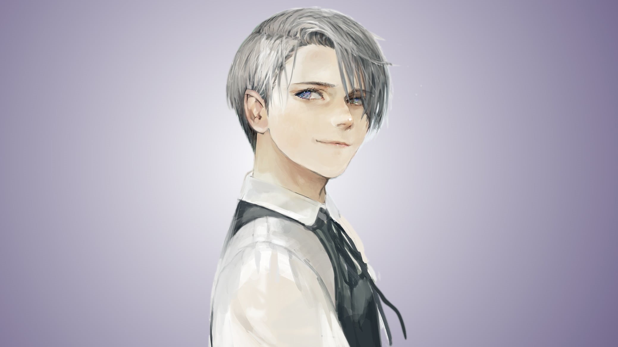 anime men, 1080P, digital art, headshot, indoors, women, portrait, purple, gray, artwork, colored background, studio shot, cut out, one person, hair, Yuri on Ice, HD Wallpaper