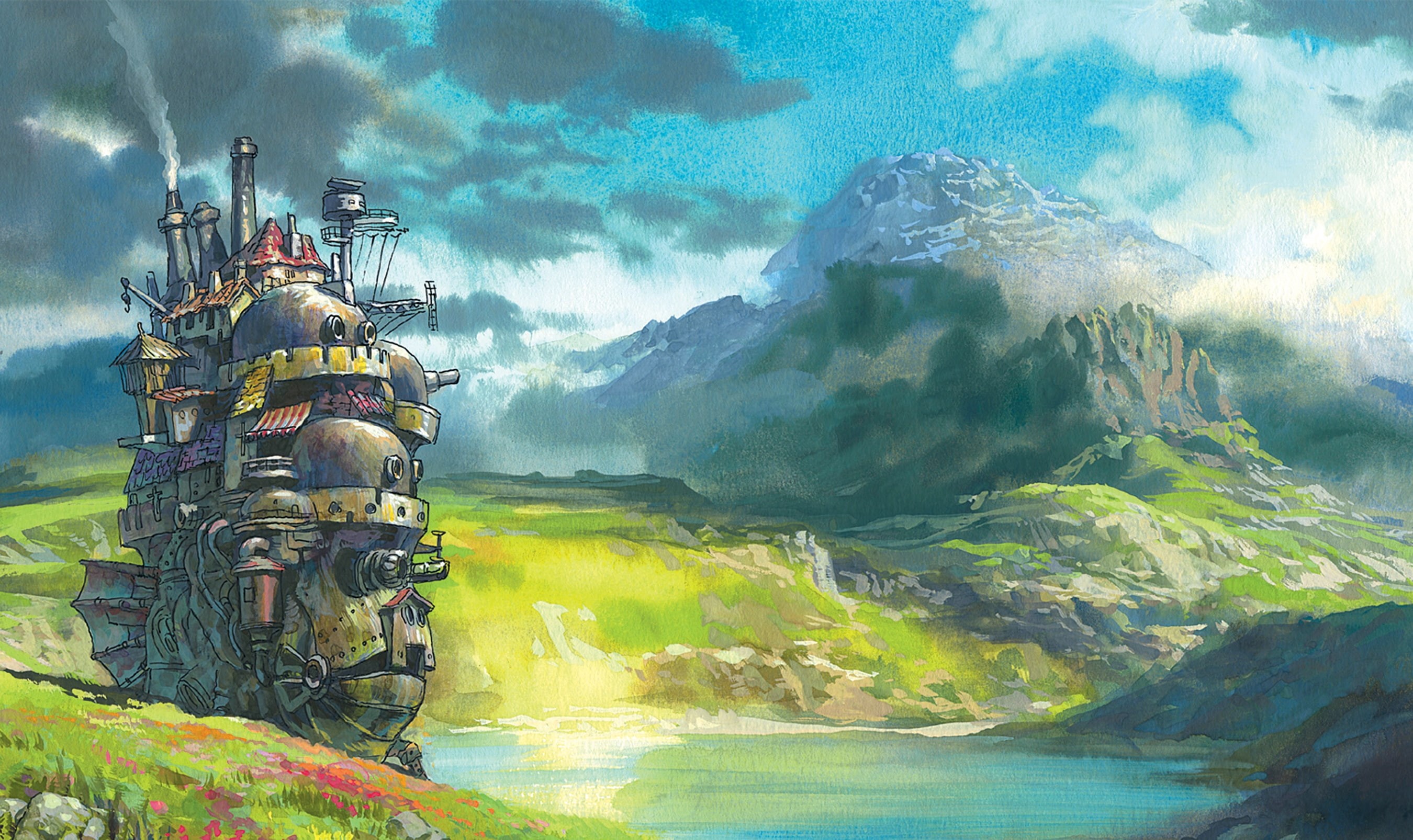 mountains, x, howls, anime, hd, Landscapes, castle, fantasy, 2K, nature, hauru, rivers, moving, art, HD Wallpaper