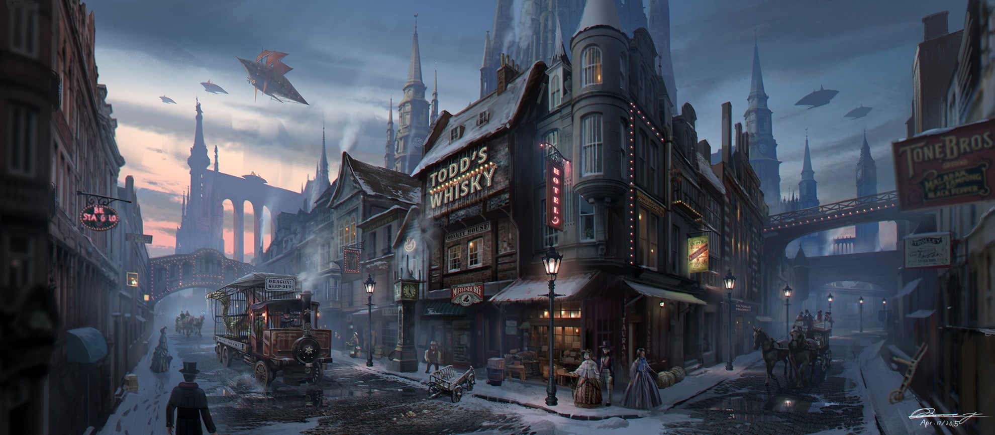 steampunk, horse, artwork, house, 1080P, people, street, building, HD Wallpaper