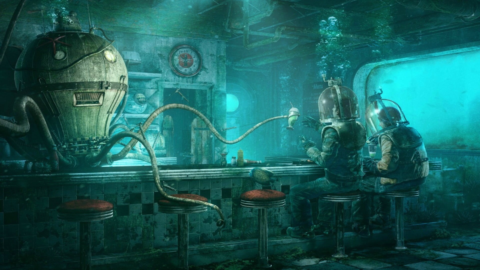 container, steampunk, lighting equipment, old, two, architecture, creativity, 1080P, machine part, valve, transparent, indoors, digital, factory, robot, HD Wallpaper