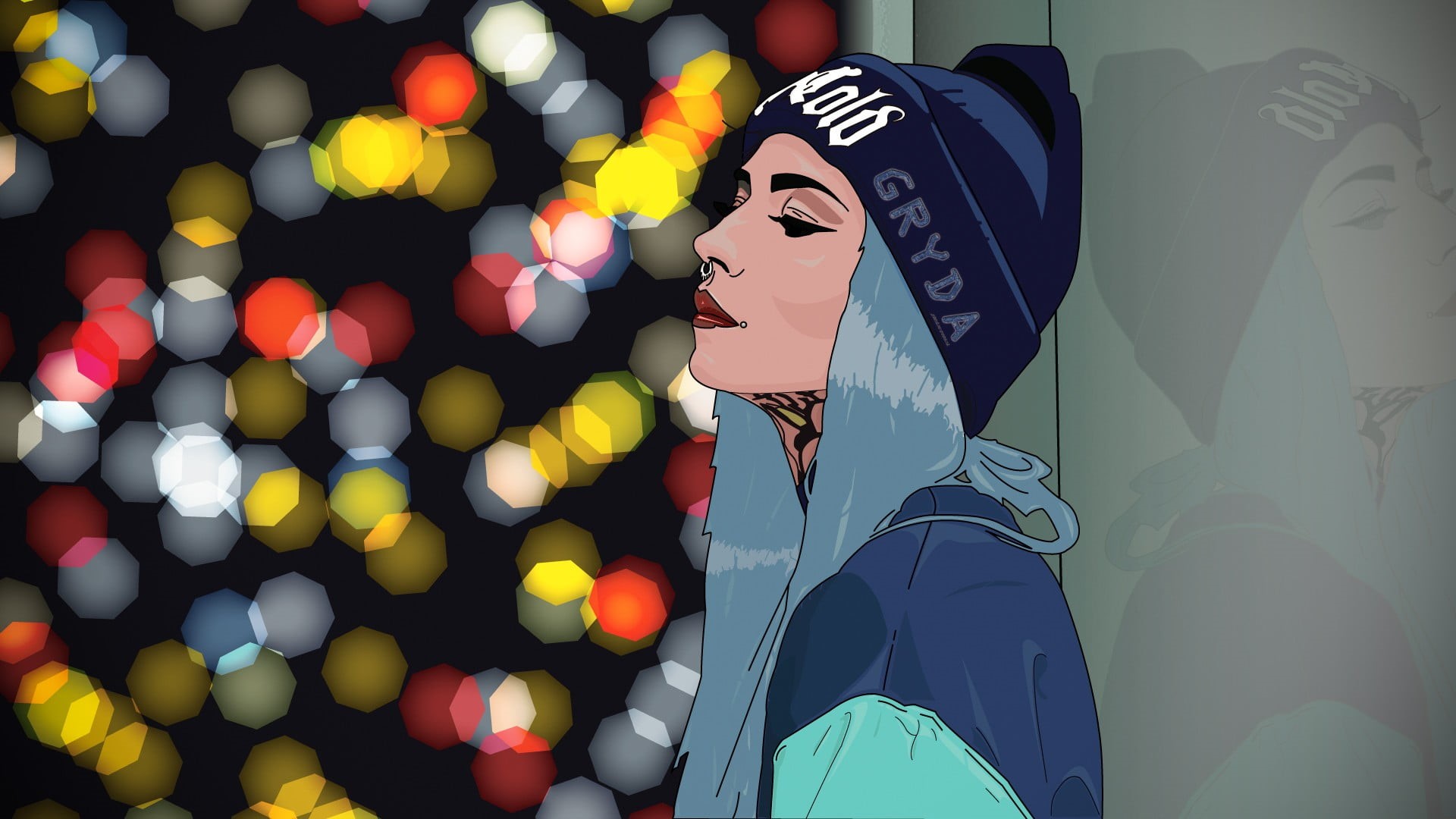 Adobe Illustrator, Fishball Suicide, women, looking, artwork, contemplation, piercing, night, leisure activity, close-up, side view, human face, drawing, HD Wallpaper