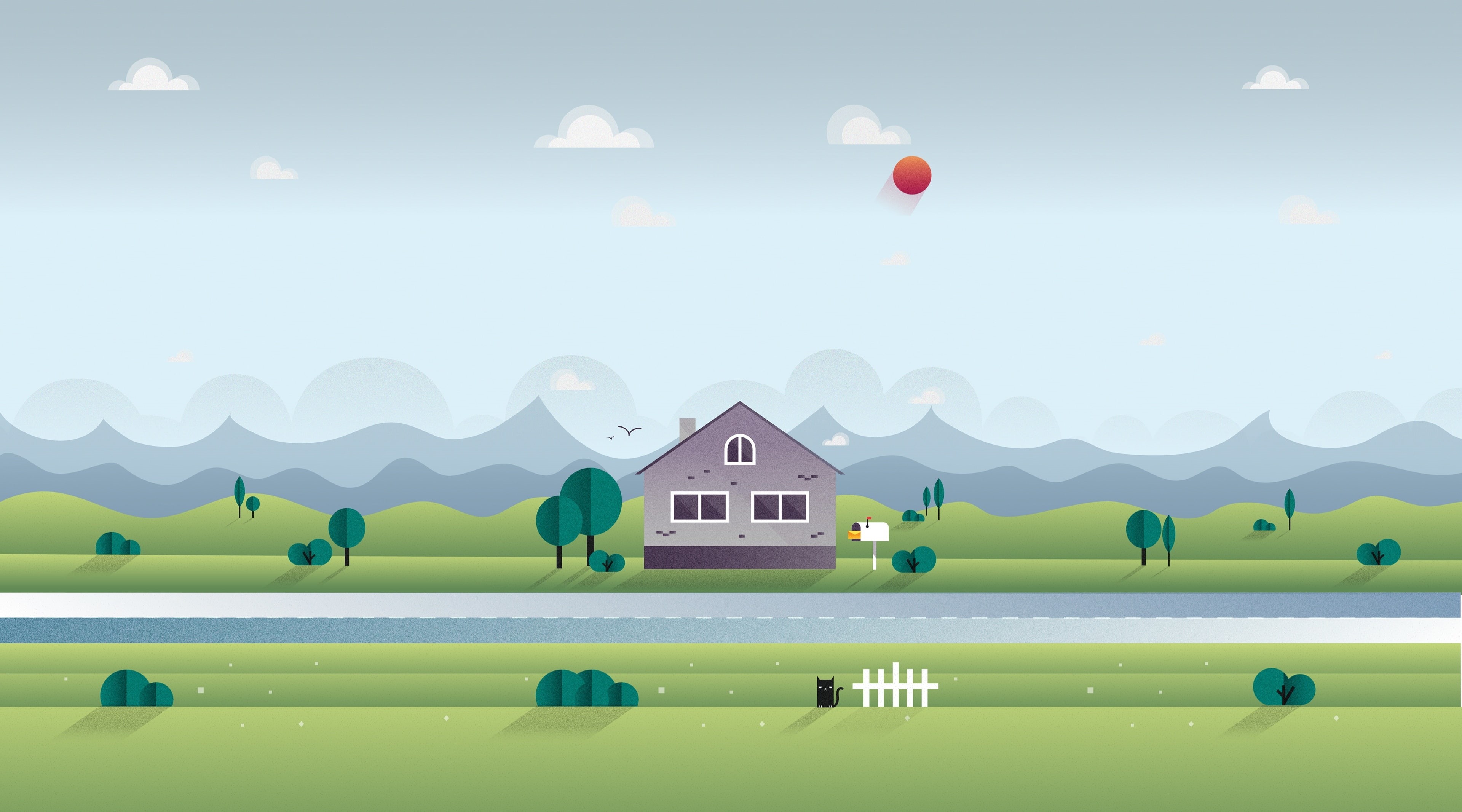 sun, House, no people, multi colored, building, plant, building exterior, residential district, balloon, transportation, Road, Aero, Illustration, cloud - sky, HD Wallpaper