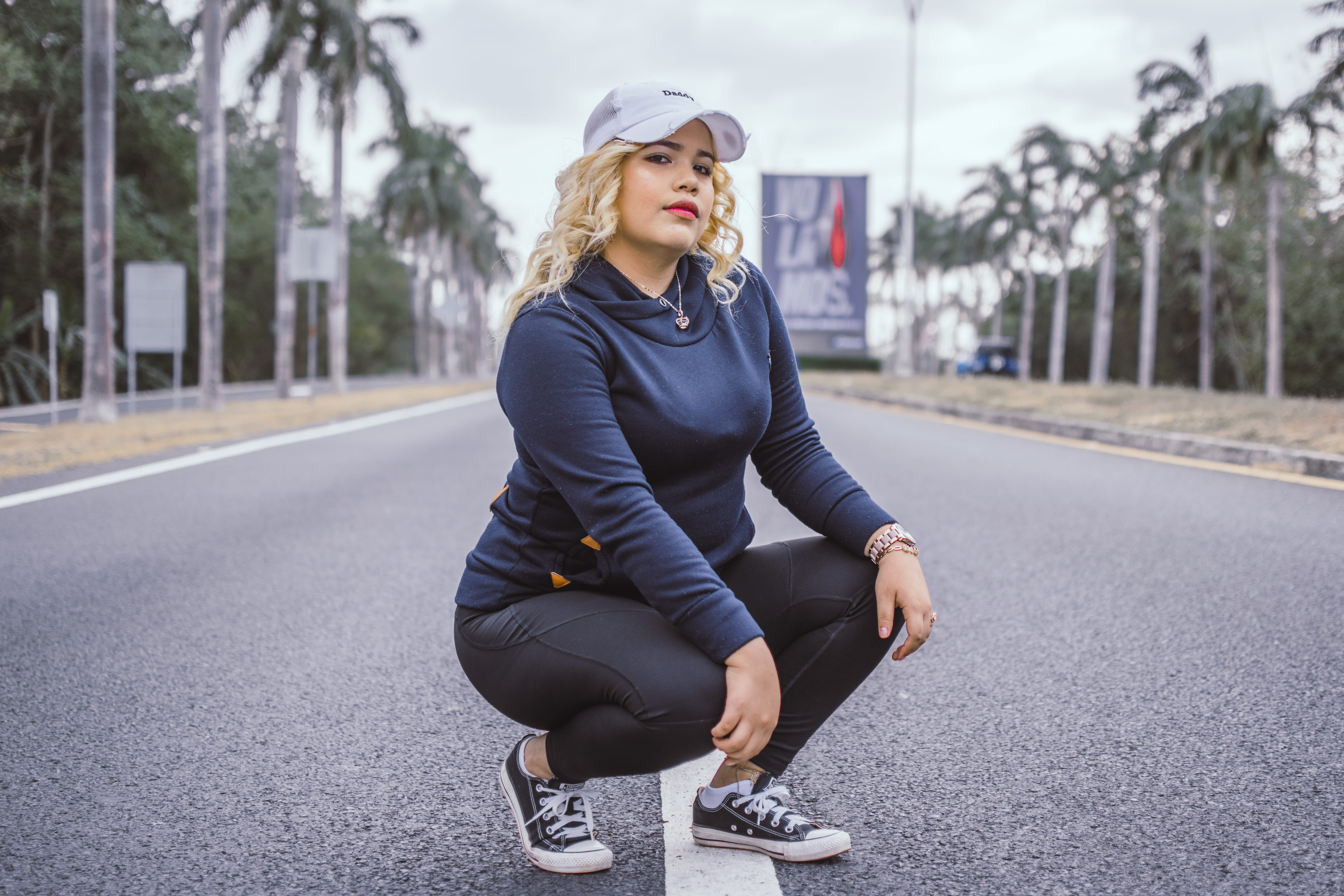 colors, looking, blonde hair, girl, women, facial expression, street, daylight, person, beauty, skin, cap, city, daytime, lips, lady, young adult, eyes, HD Wallpaper
