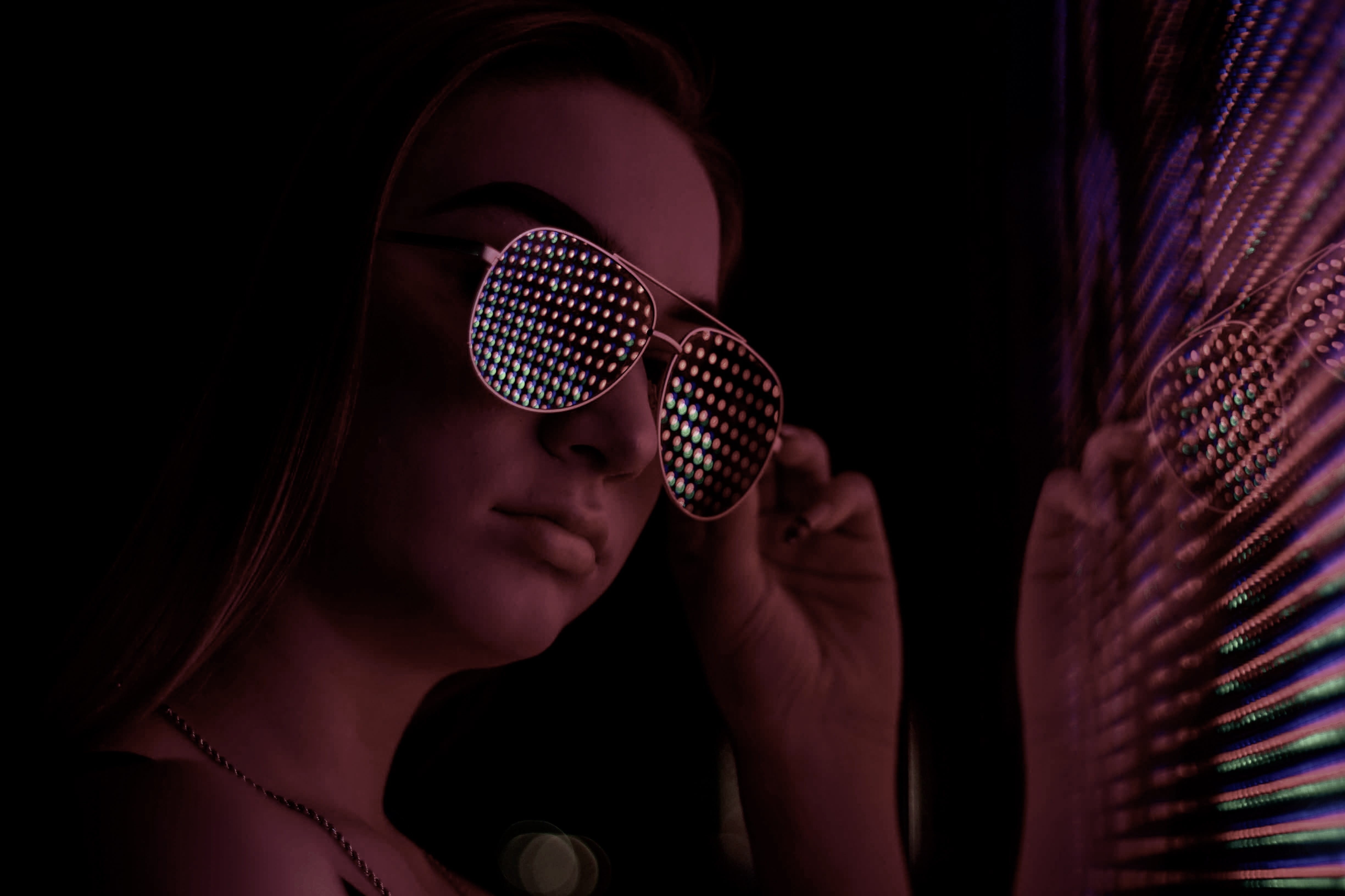 light, photoshoot, posing, young, nightlife, hand, human, colors, woman, lady, black background, person, dark, facial expression, close-up, headshot, female, HD Wallpaper