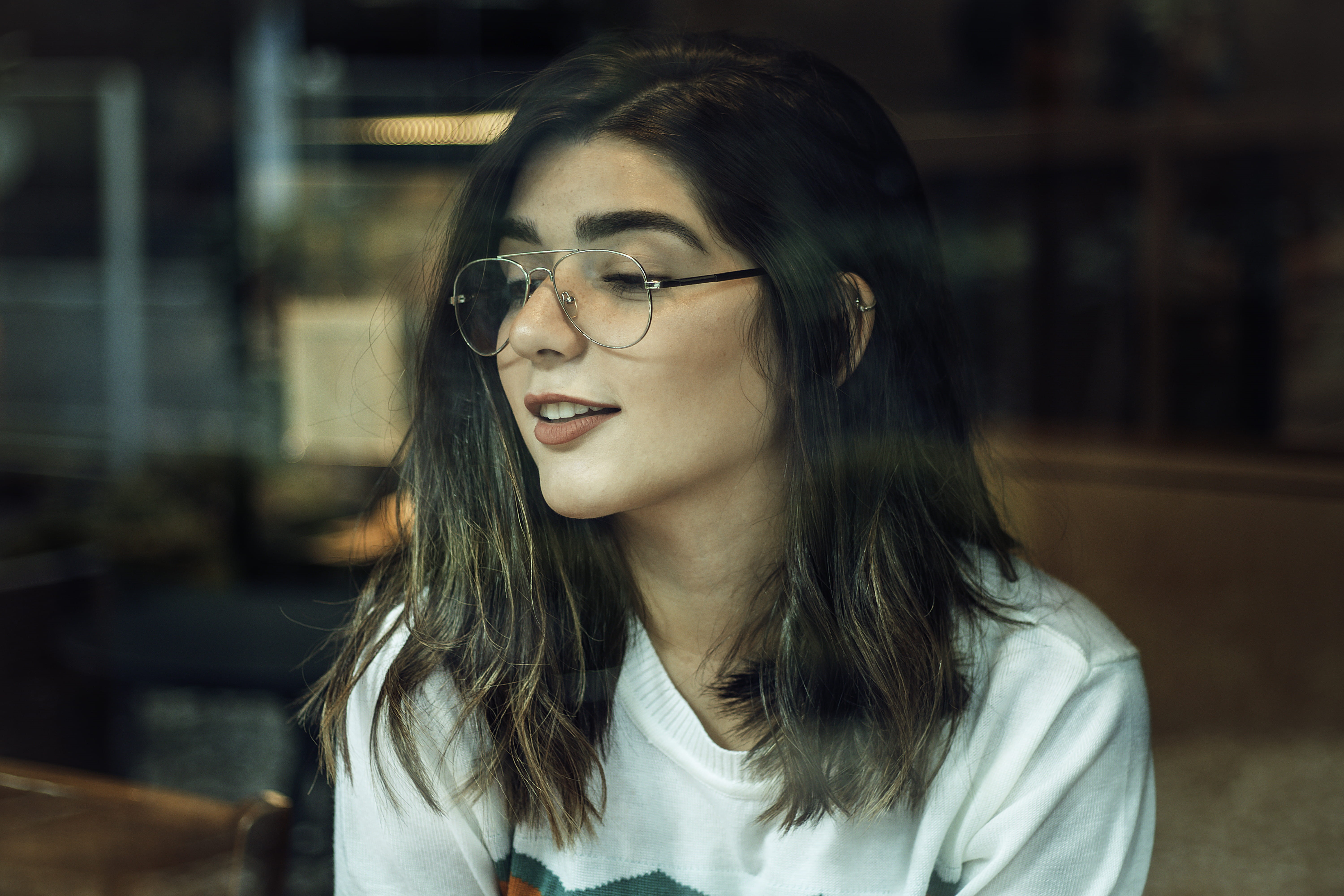 shirt, wearing, glasses, hair, hairstyle, sitting, fashionable, photoshoot, lights, wear, brazilian woman, young adult, lips, smiling, young, one person, HD Wallpaper