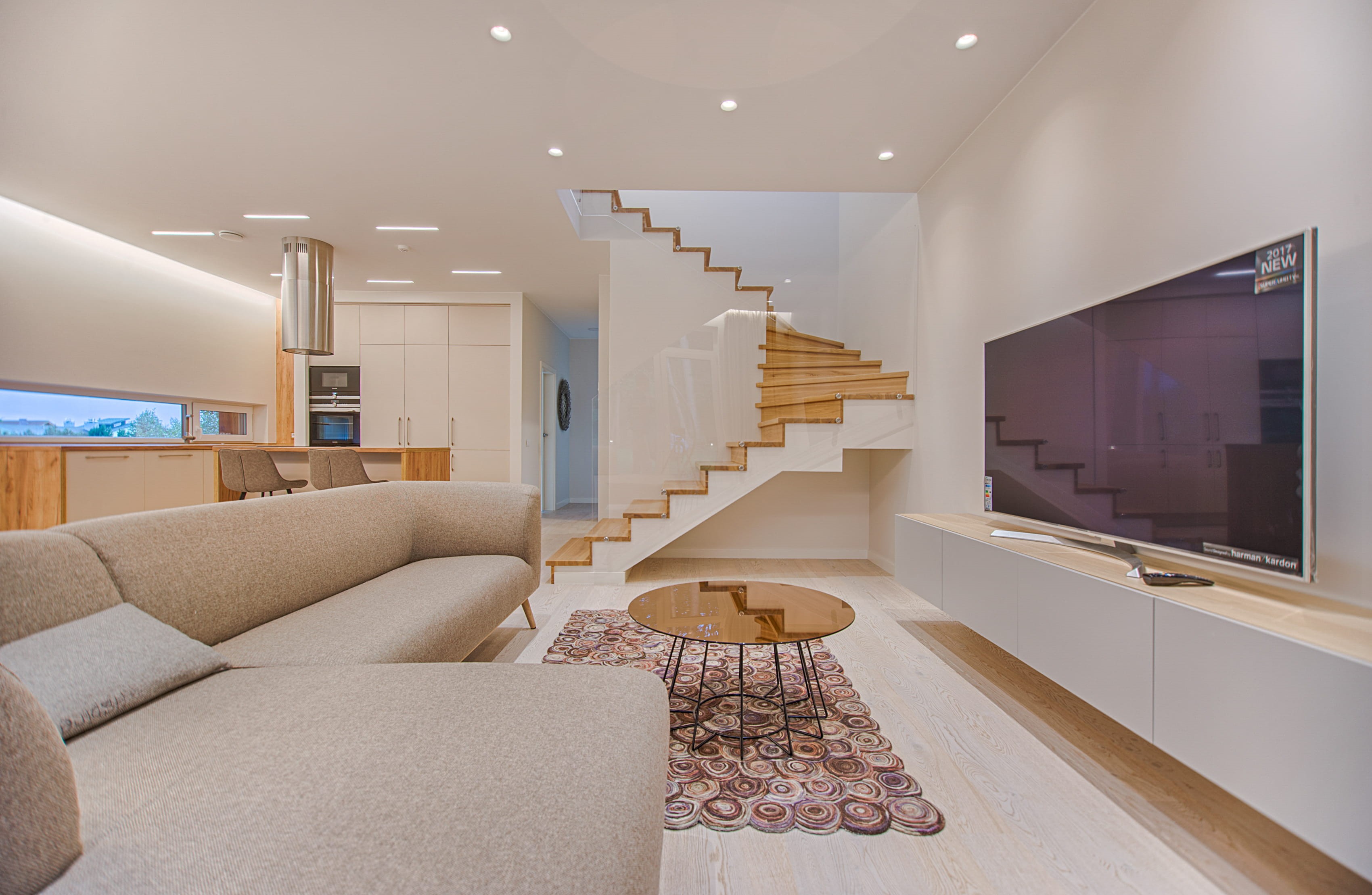 flat, comfort, gray, interior design, tv, no people, chairs, stairs, stuffed, luxury, smart, turned, clean, room, living room, floor, design, wealth, lights, HD Wallpaper